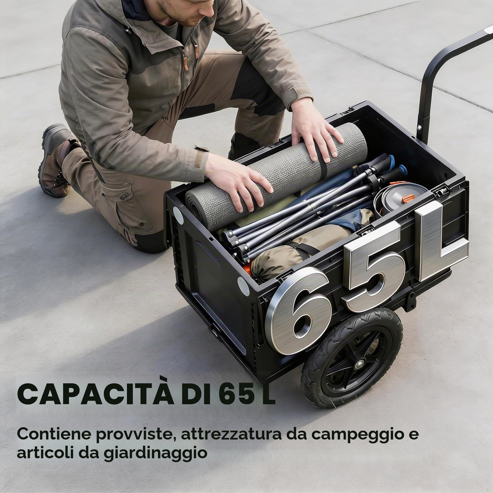 SPORTNOW Rimorchio Bici Cargo Pieghevole Cassa Plastica 65L Coperchio Nero | Carrello da trasporto 30 kg, sgancio rapido, carrello da giardino, ruote 12", adesivo riflettente, bandiera