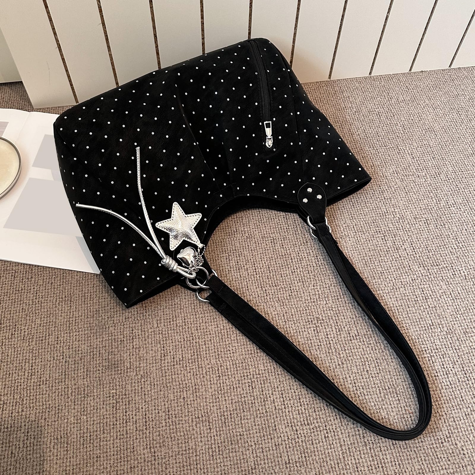 Bolso de mano de piel sintética con lunares con colgante estrella, bolso bandolera espacioso estilo para diario y trabajo