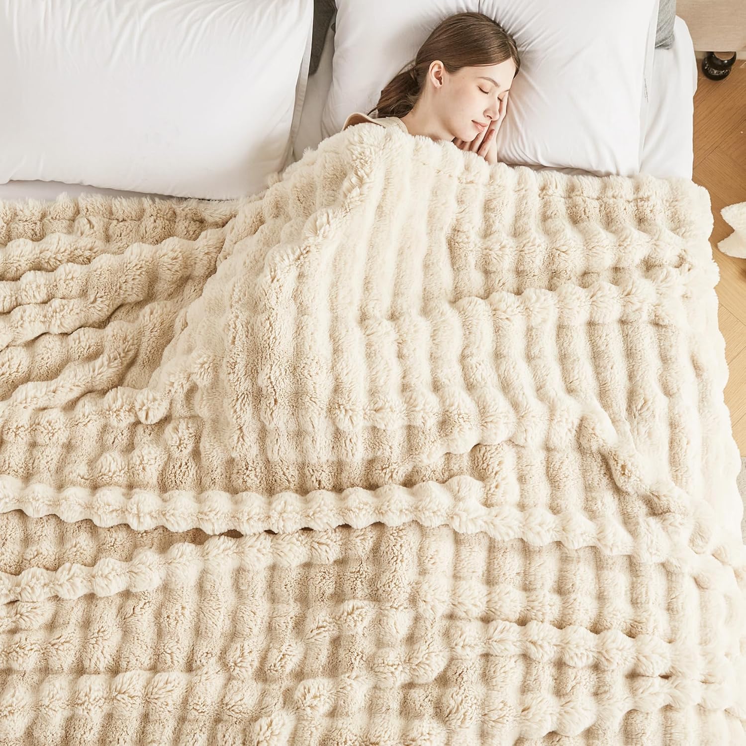 60x80 Inches Ultra-Soft Fuzzy Faux Fur Plush Twin Size Blanket - Thick, Warm Sherpa for Couch, Sofa, Bedroom, Camping - Decorative Blanket for Cozy Warmth, Bubble Khaki - Image 2