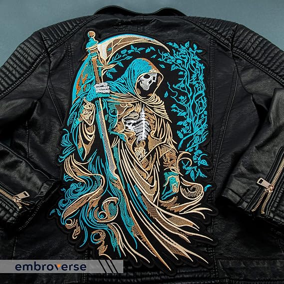 EMBROVERSE Grim Reaper Large Back Patch, Embroidered Iron-On Skull Death | Scythe, hooded specter, gothic biker design; edgy gift for denim jackets, vests, hoodies, backpacks