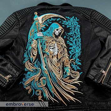 EMBROVERSE Grim Reaper Large Back Patch, Embroidered Iron-On Skull Death | Scythe, hooded specter, gothic biker design; edgy gift for denim jackets, vests, hoodies, backpacks