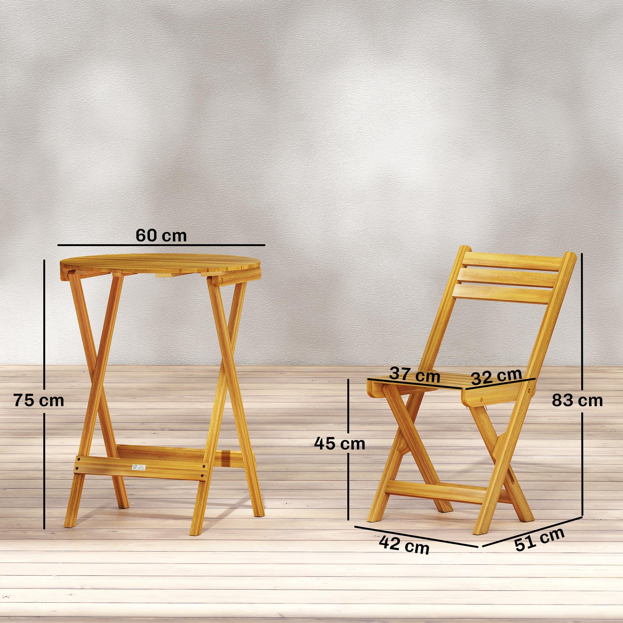 Outsunny Ensemble de Bistrot 3 Pièces Pliable en Bois d'Acacia, Table Ronde 60 cm et 2 Chaises à Lattes san Montage, Salon de Jardin Extérieur pour Balcon Patio Jardin, Naturel