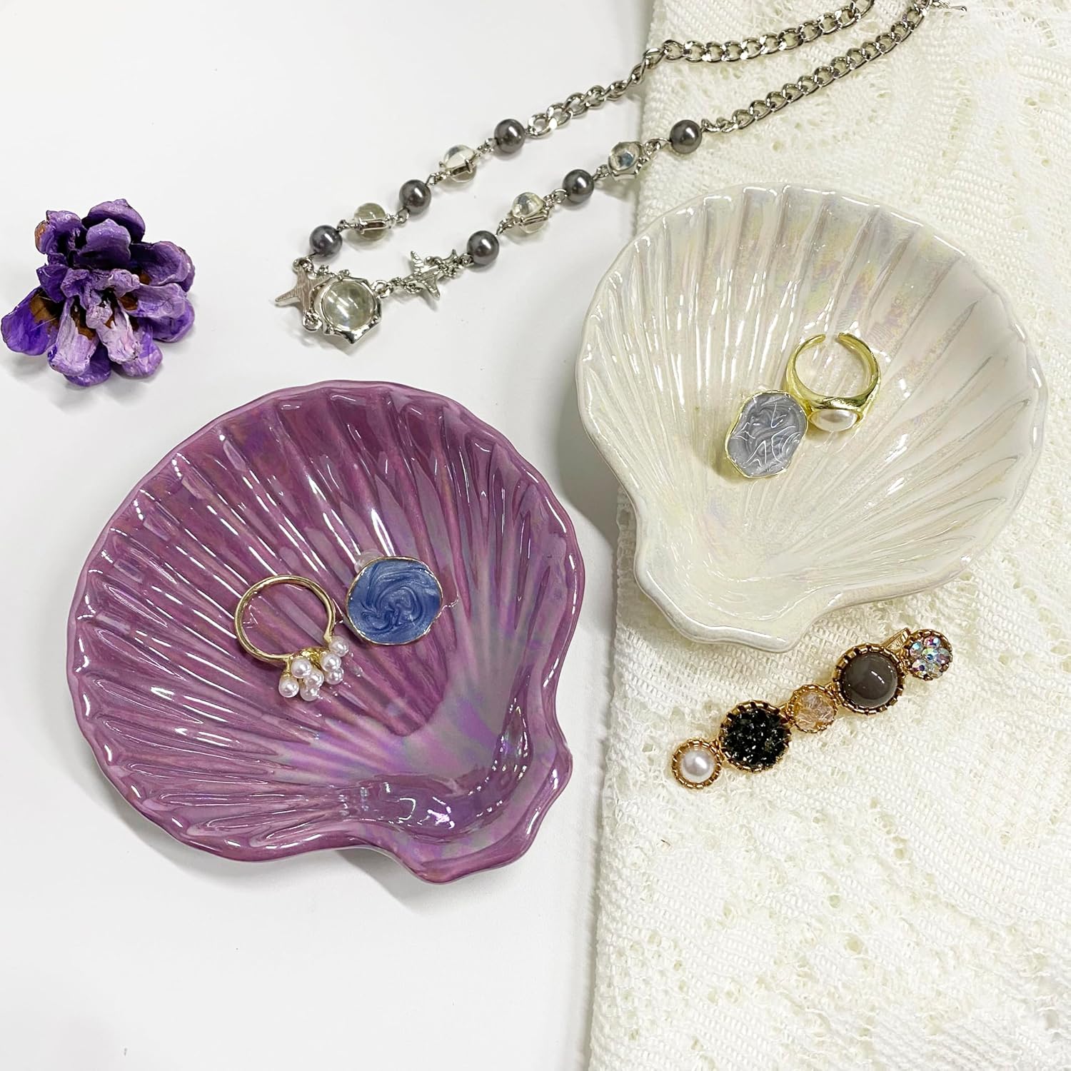 Shell Shape Ring Holder Dish, Seashell Jewelry Dish Tray, Ceramic Trinket Tray