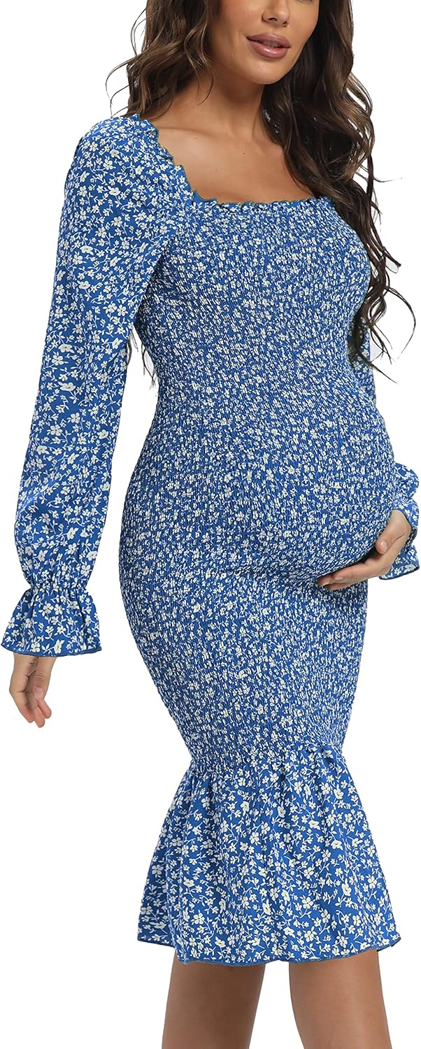 Maternity Fall Floral Midi Bodycon Dresses, Long Puff Sleeve Square Neck Ruffle Hem Mermaid Baby Shower Dress Blue M - Image 5