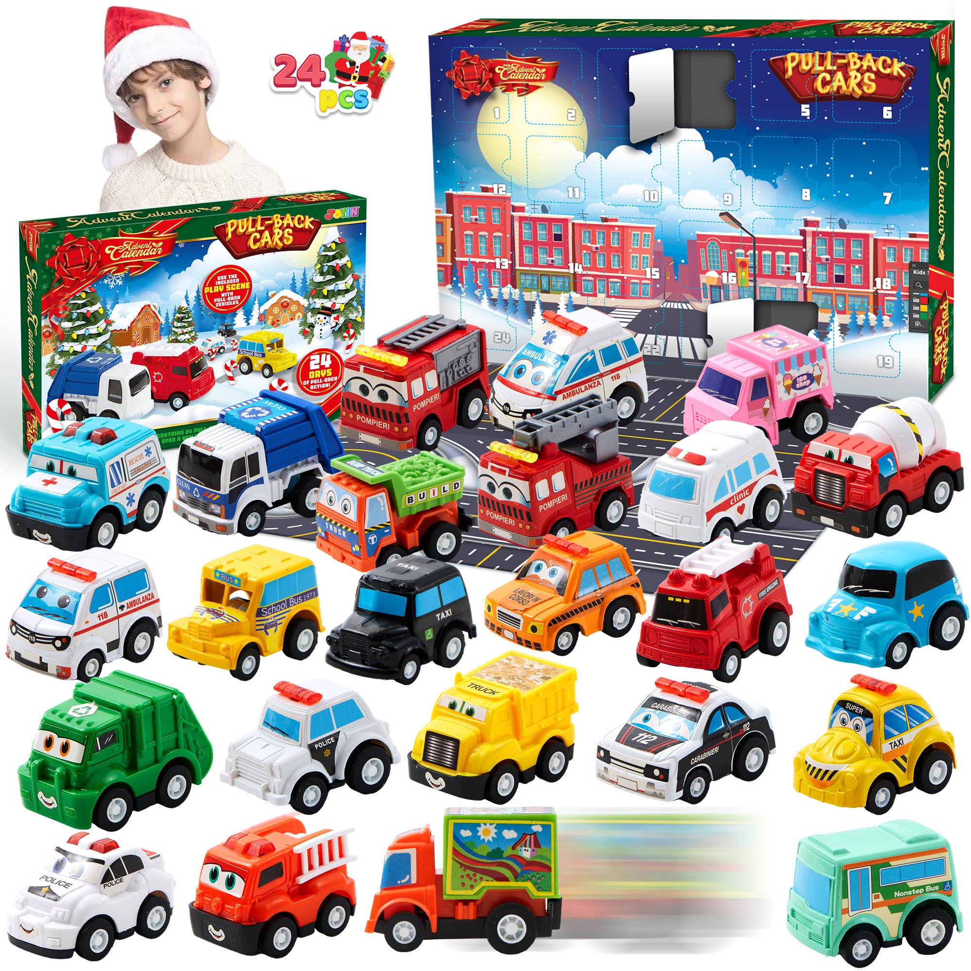 JOYIN 2025 Advent Calendar with 24 Vehicles, Countdown Advent Calendar Gifts Kids Toddler Boys, Xmas Gift 24 Vehicles with Pull Back Police Racing