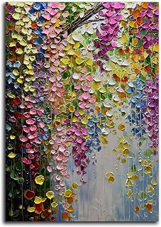 V-inspire Hand-Painted Abstract Floral Oil Painting Canvas Wall Art, 28x40 Inch Colorful Forest Landscape