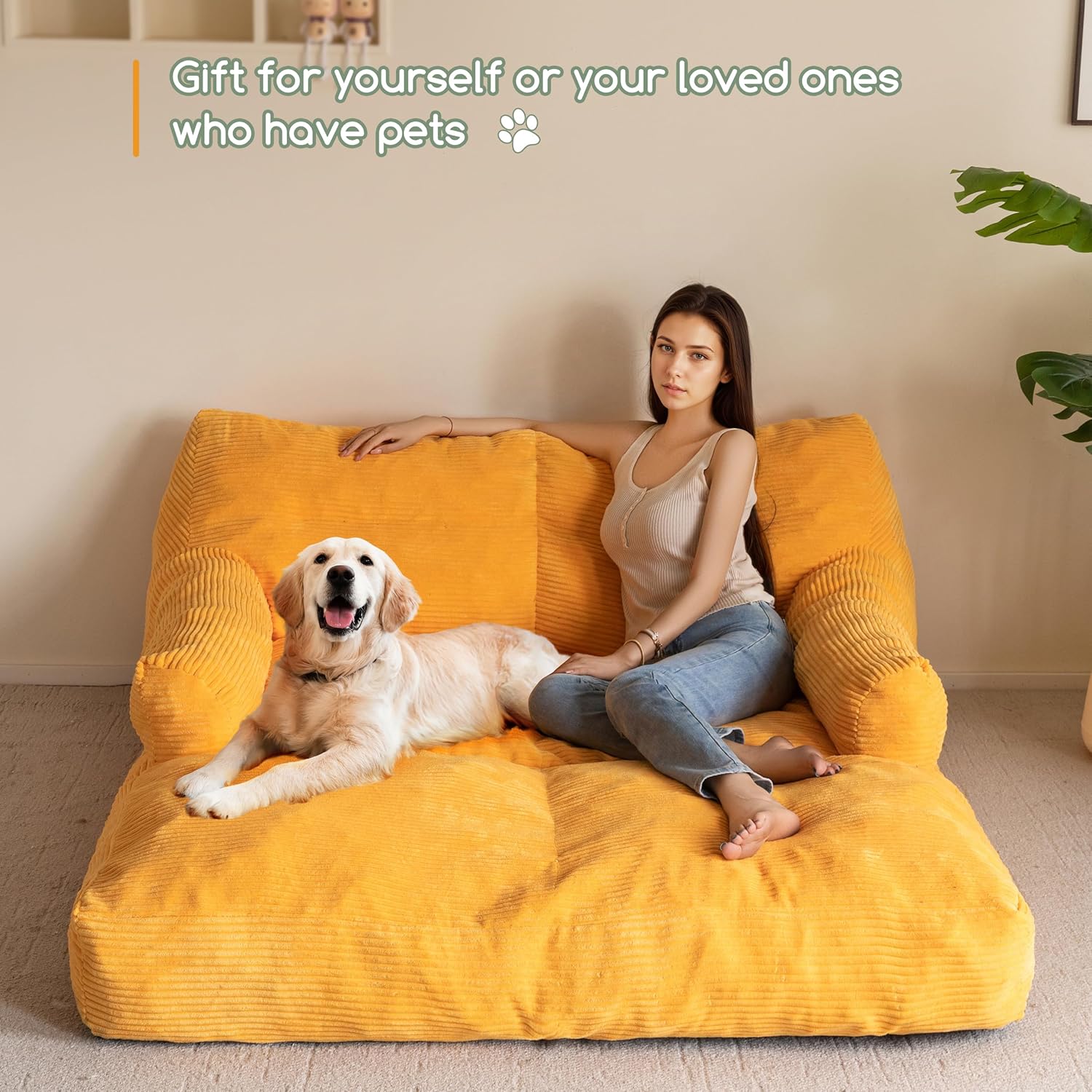 HIGOGOGO Giant Human Dog Sofa Bed, Extended Large Comfy Floor Couch for Pet Families, Corded Fabric Orthopedic Dog Bed for Human with Supportive Foam & Anti-Slip Bottom, XXXL Size, Orange