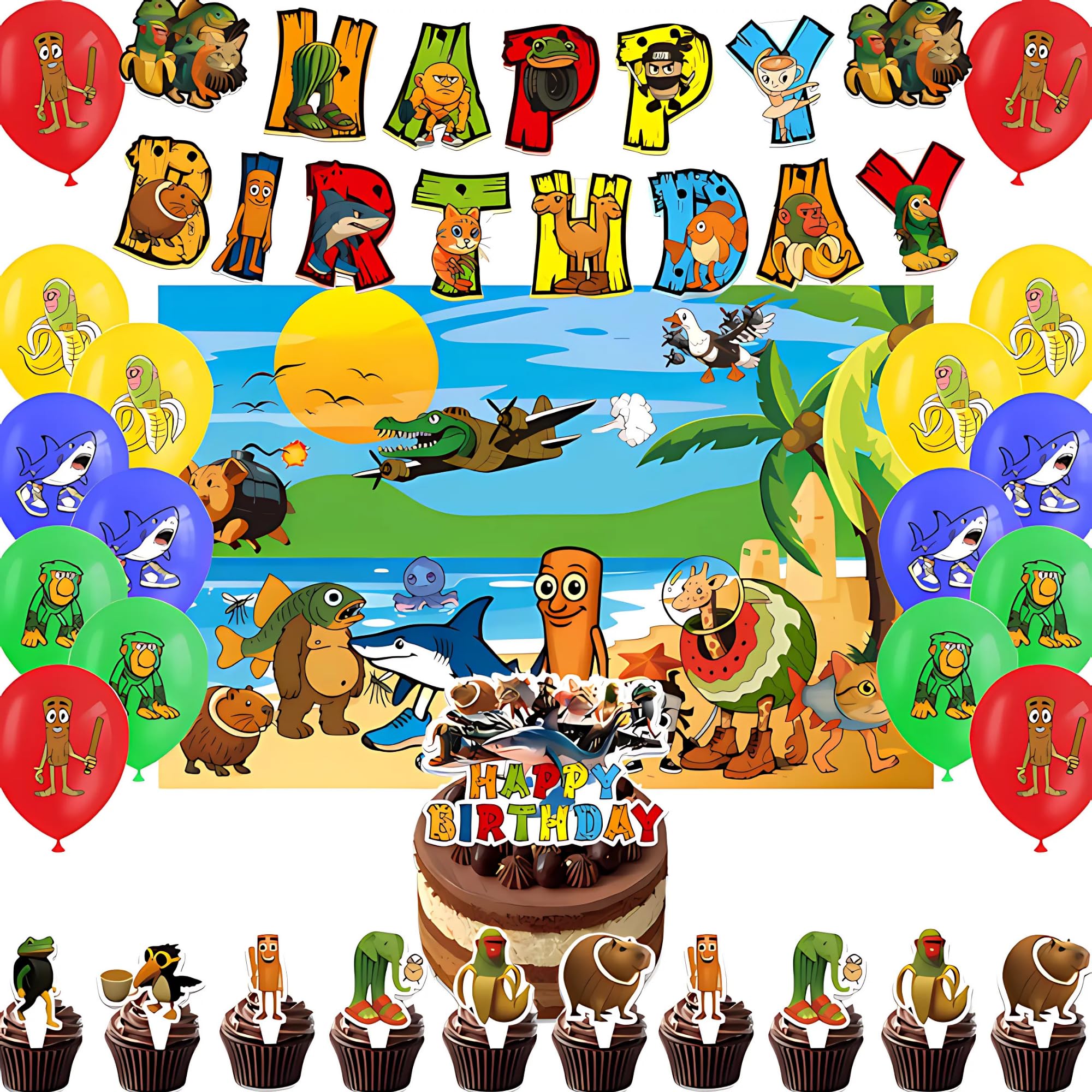 Lemoneon Italian Brainrot Birthday Party Decorations Supplies Happy Birthday Banner Cake Cupcake Toppers Balloons Background