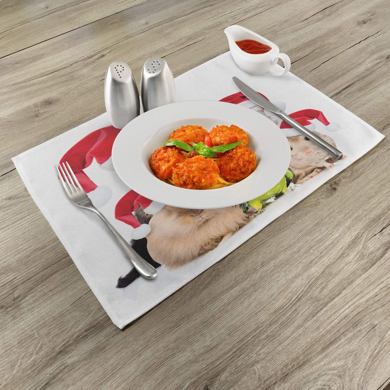 Ambesonne Christmas Place Mats Set of 4, Xmas Crew Cat Dog Bird Mouse and Rabbit Bunny with Santa Hats Grumpy Pets Picture, Washable Fabric Placemats for Dining Table, Standard Size, Red Brown