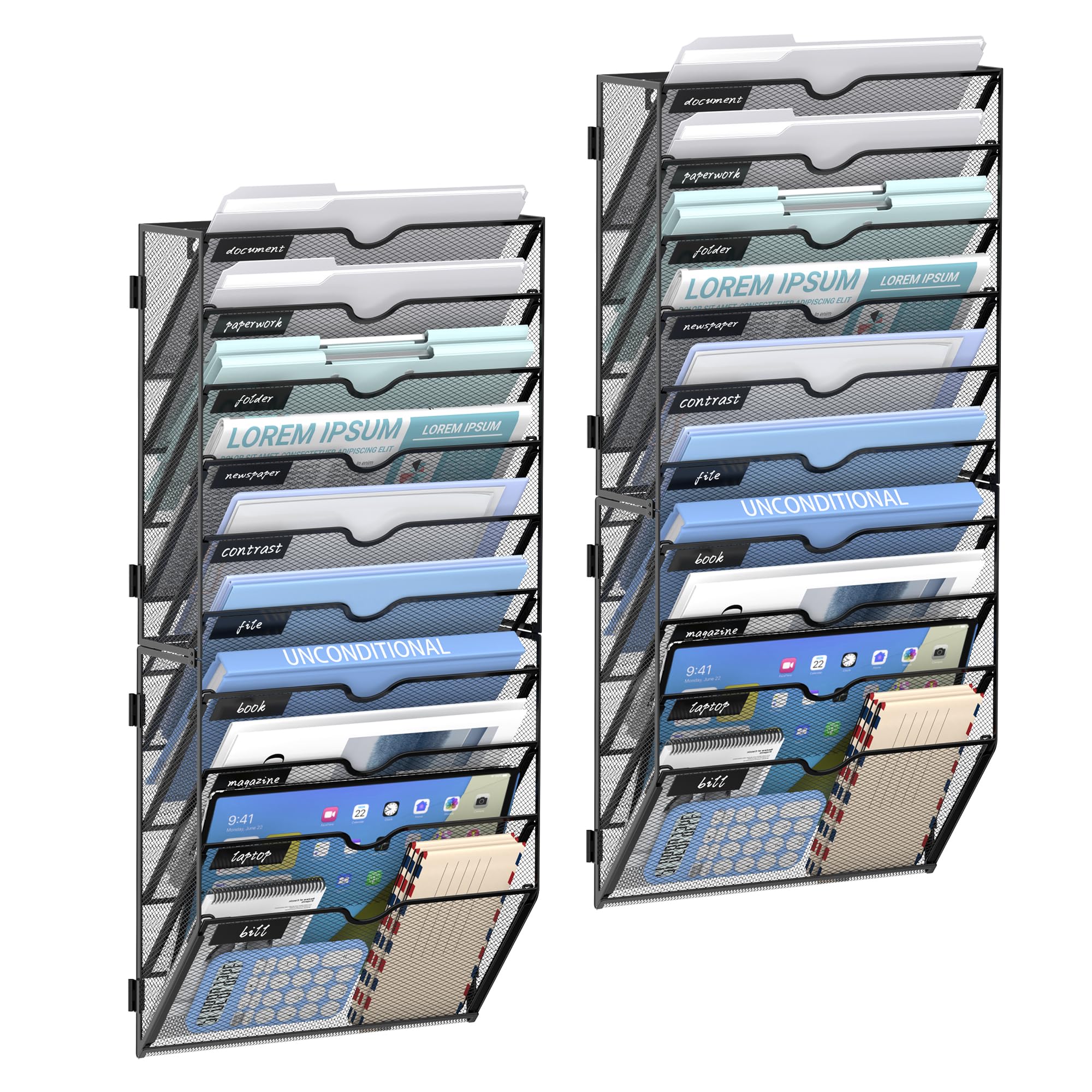 JMHUD 10 Tier Wall Hanging File Organizer, Paper Folder Holder Wall Mounted, Metal Mail Sorter for Office Home School, Black 2 Pack