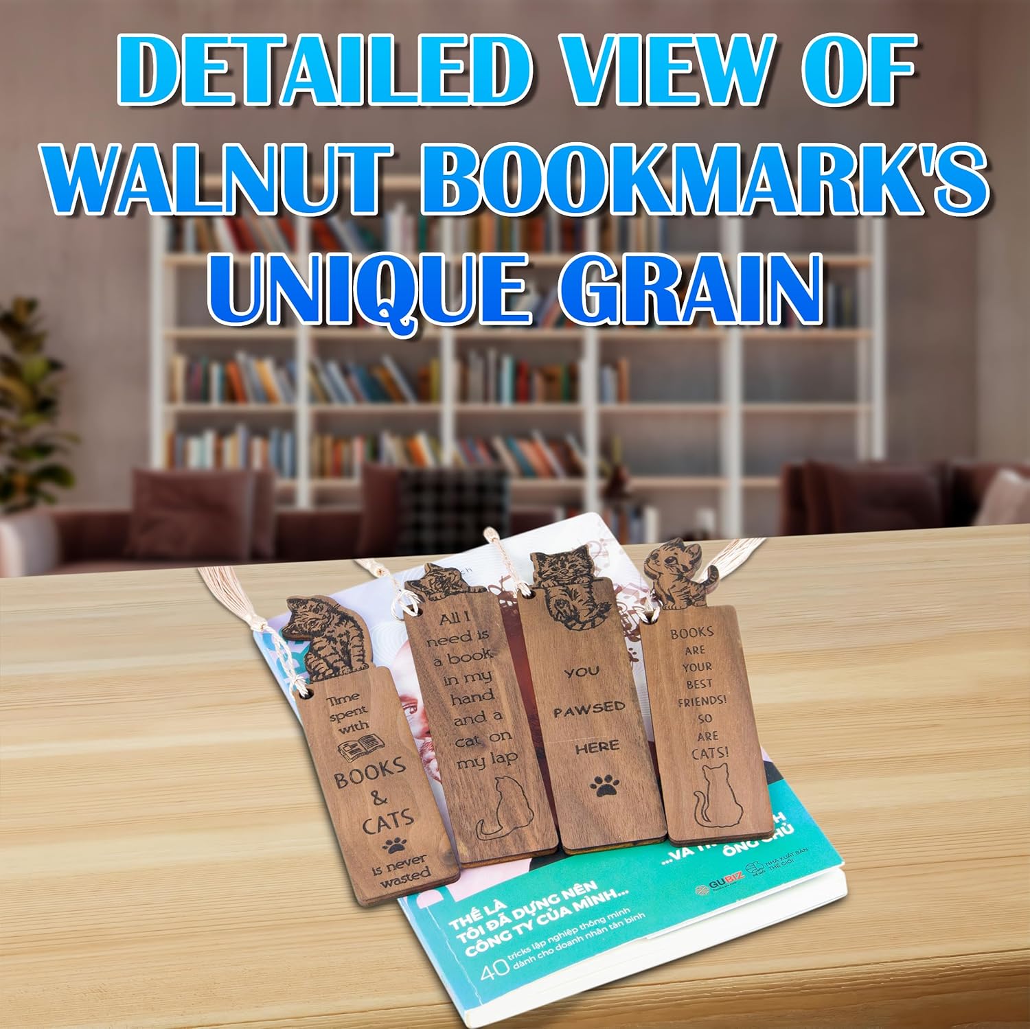 Cat Bookmark Set - 4 Wooden Bookmarks with Tassels, Walnut Wood, Funny Gift for Men & Women, Christmas Stocking Stuffer - Image 5