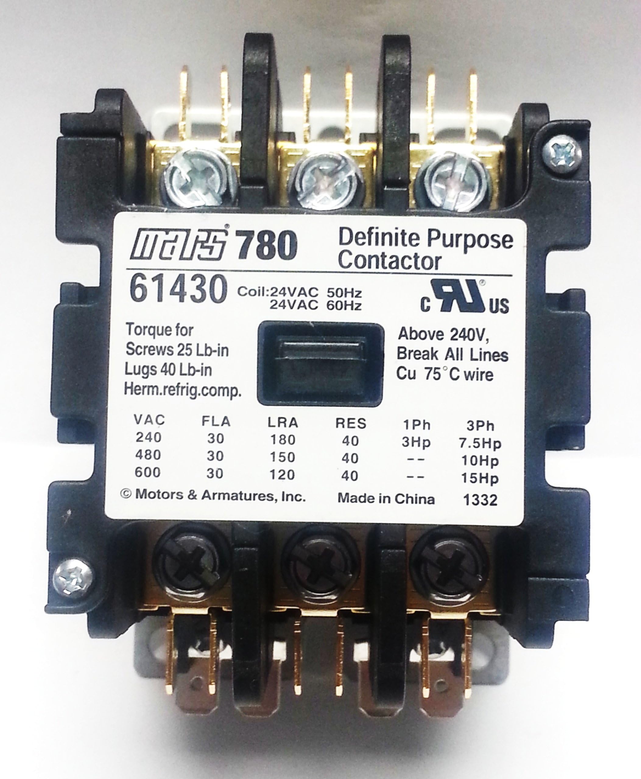 MARS 61430 (DIRECT REPLACEMENT OF FURNAS 42BF35AJ) CONTACTOR;3P 30/40A 24V
