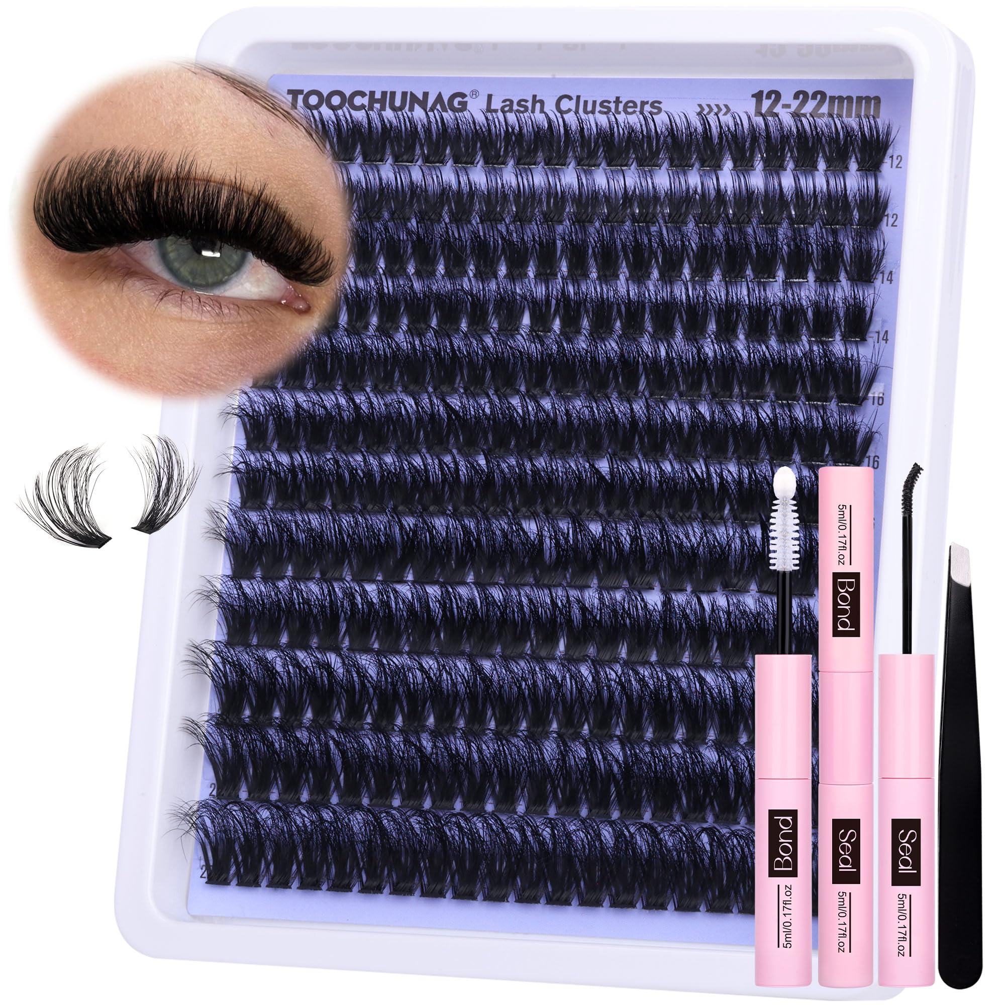 TOOCHUNAG Lash Extension Kit 12-22mm Fluff Cluster Eyelash Extension Kit 100D Thick Volume Lash Clusters Kit D Curly Wispy Cluster Lashes Individual