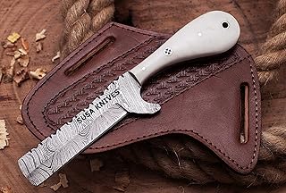 Custom Handmade Damascus steel Bull cutter knife, cowboy knives with pancake leather sheath - SUSA KNIVES