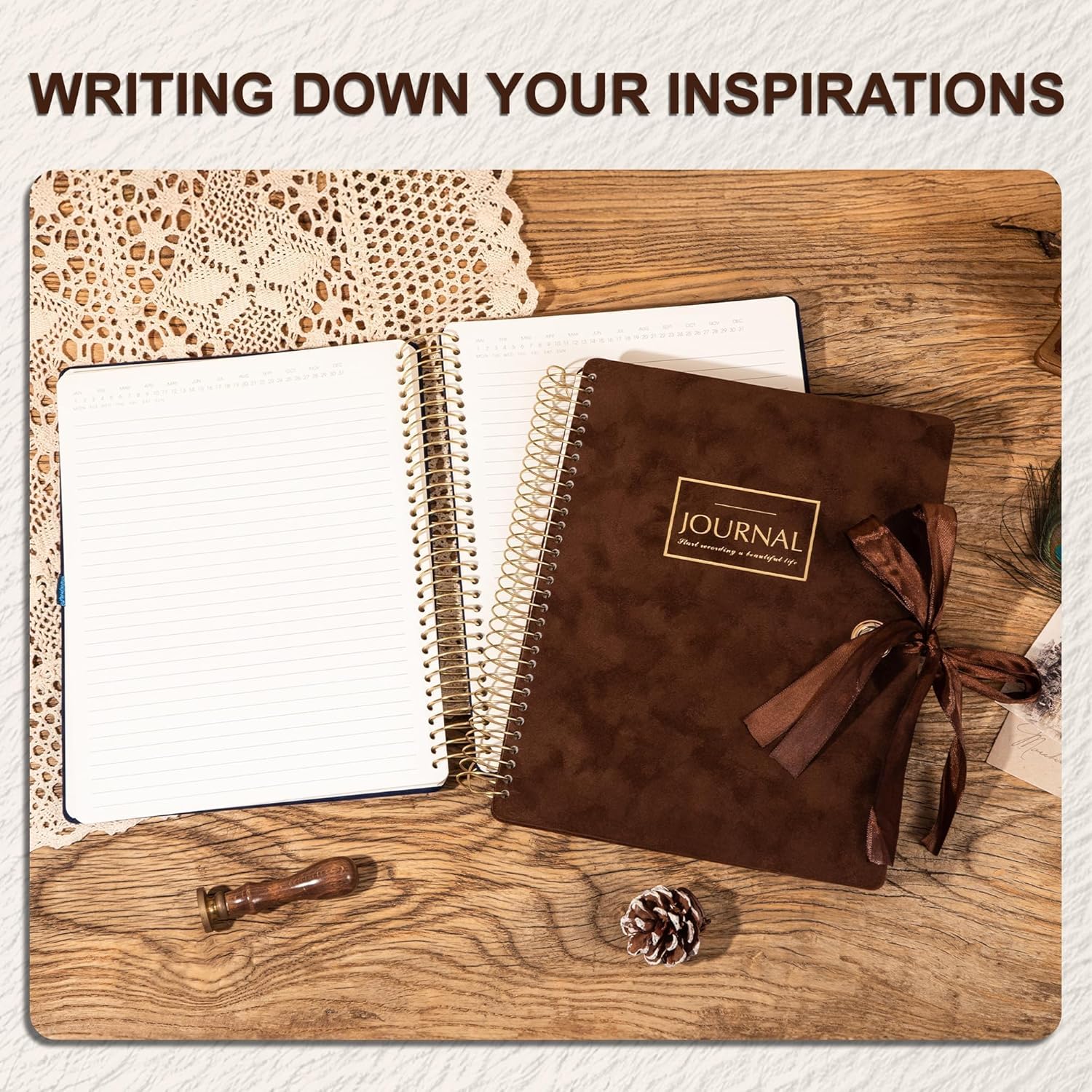 FLYING EAGLE 300 Pages Thick Spiral Notebook Journaling Notebooks Vintage Velvet Journal for Women Men A4 Lined Journals for Writing with Gift Box, 8.5 x 11in, Brown