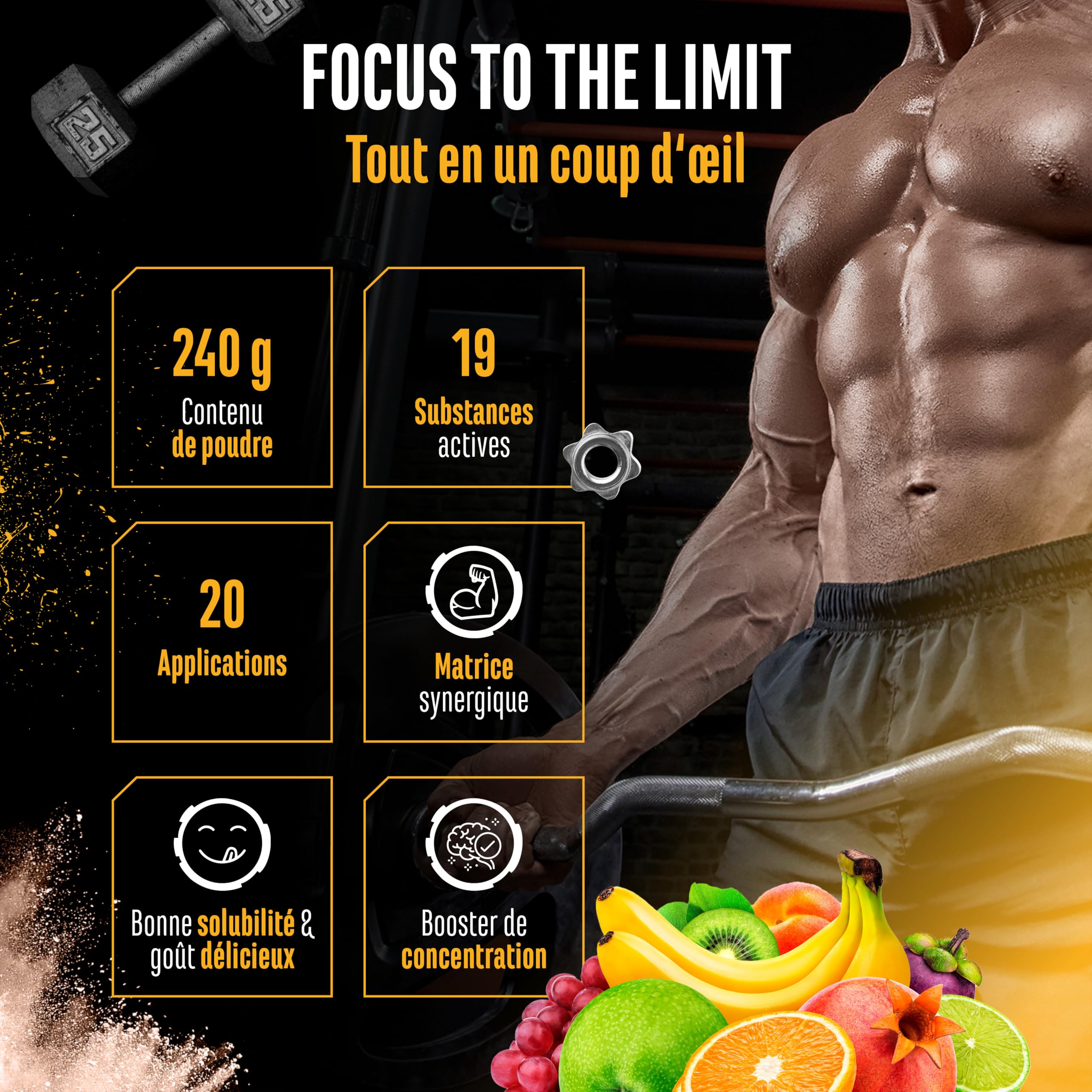 Focus to the Limit - Pre Workout hautement dosé avec L-Tyrosine + Taurine + Inositol + Extrait de Ginkgo + Citicoline + Rhodiola rosea + Caféine & Vitamines - (240 g, goût Mélange de fruits)
