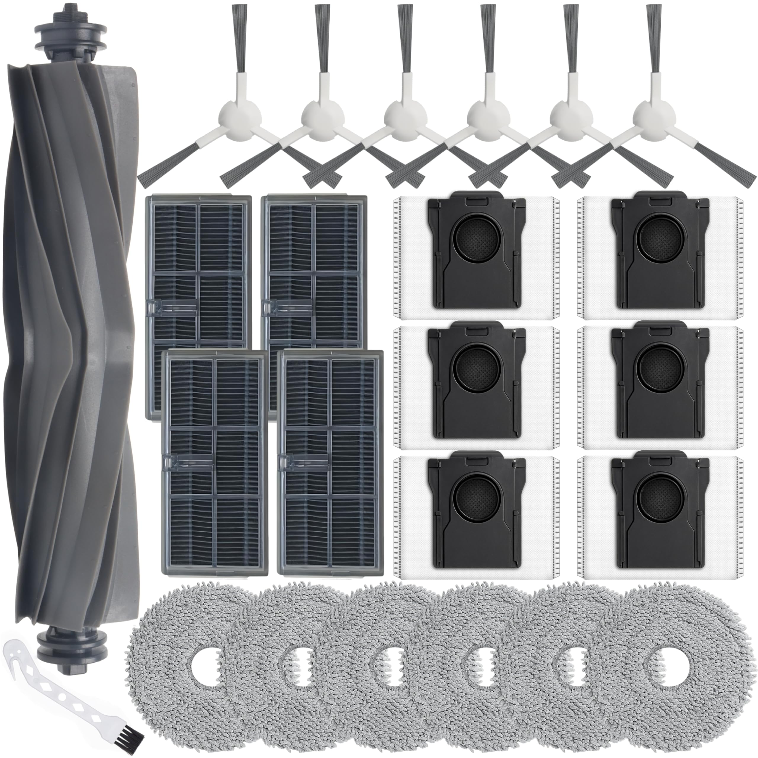 Bluearks 24 Stück Zubehör für Dreame L10s Ultra Gen 2 / L10s Pro Heat / X30 / L40 AE/Mova E30 Ultra Saugroboter,Bestehend Aus 1 Hauptbürste,6 Wischtüchern,4 HEPA Filtern,6 Seitenbürsten,6 Staubbeutel