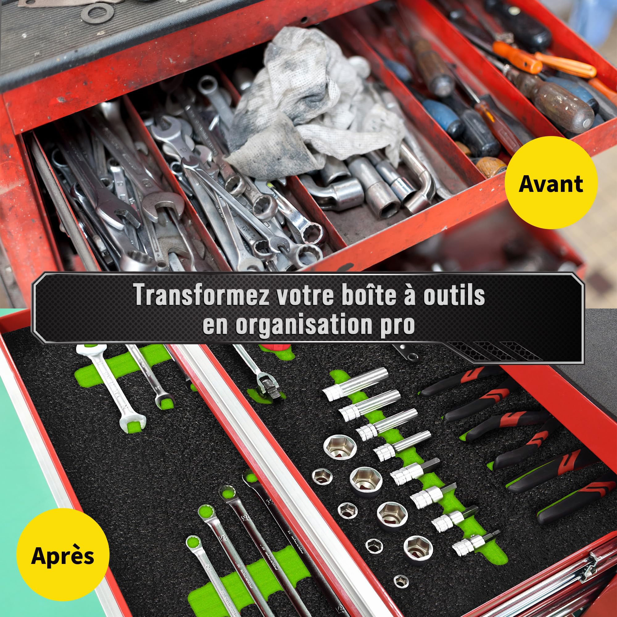 Precision Defined Mousse pour Boîte à Outils - Inserts en Mousse pour Étuis, Mouss Shadow, Mouss pour Outils, Mousses en Polyéthylène - Noir/Vert (40,6 x 30,4 x 2,54 cm, Lot de 4)