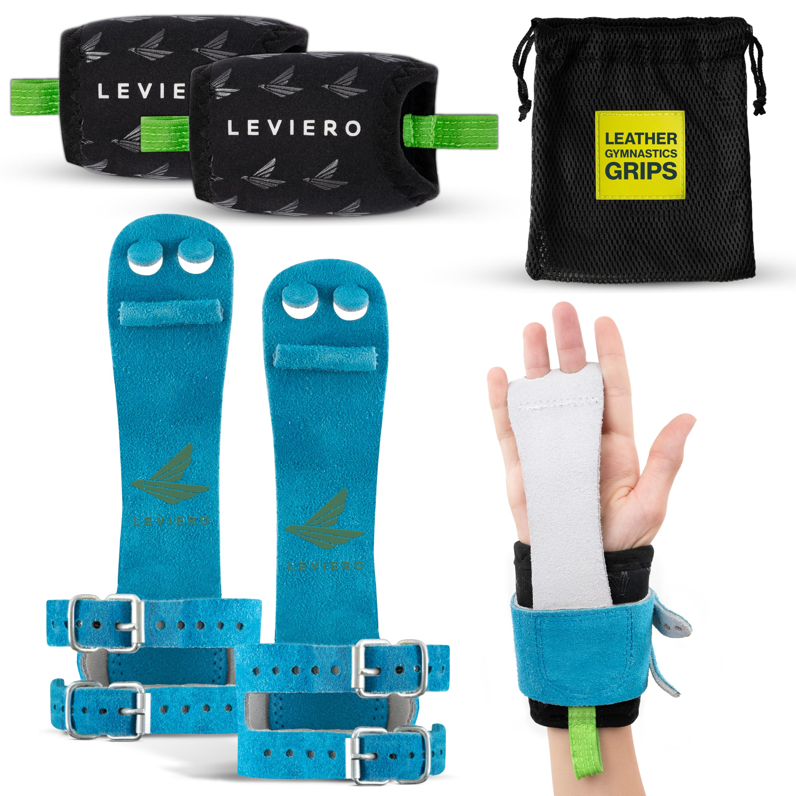 LEVIERO Gymnastics Grips Set Narrow Squeeze, Grips for Gymnastics Girls, Dowel Grips with Soft Leather, Double Buckle Wrist Closure, and Adjustable Finger Holes, for All Ages - (Aqua, 2)