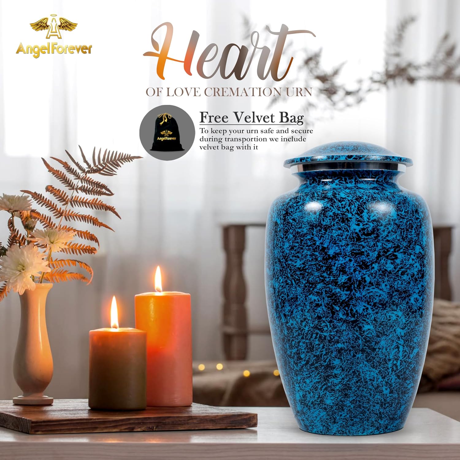 Large Cremation Urn for Human Ashes – Adult Funeral Urn Metal Memorial Urn with Velvet Bag – Decorative Burial Urns for Men & Women – Secure & Durable (Blue Marble, 200 LB)