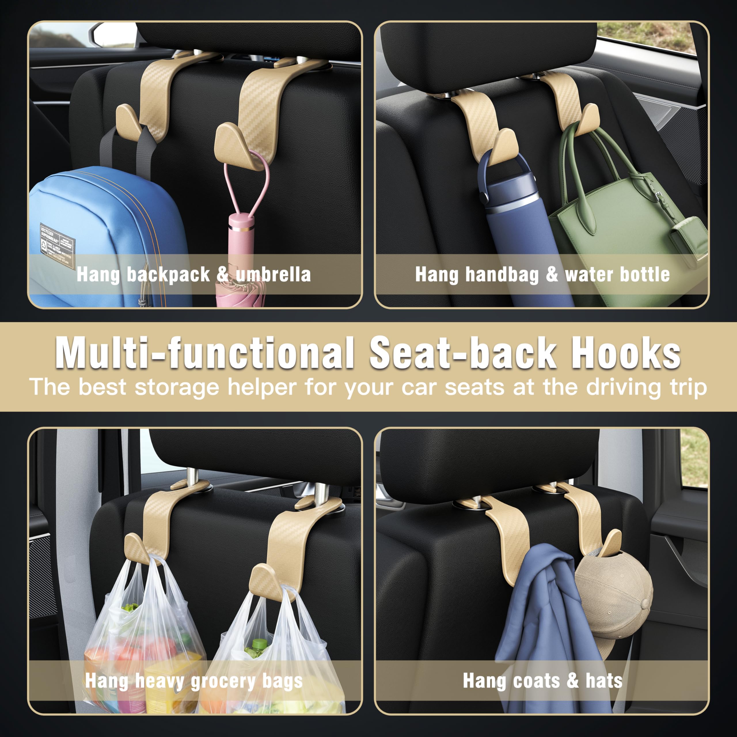4-Pack Car Headrest Hooks Holds 55lbs Seat Storage Organizer for Bags view 4