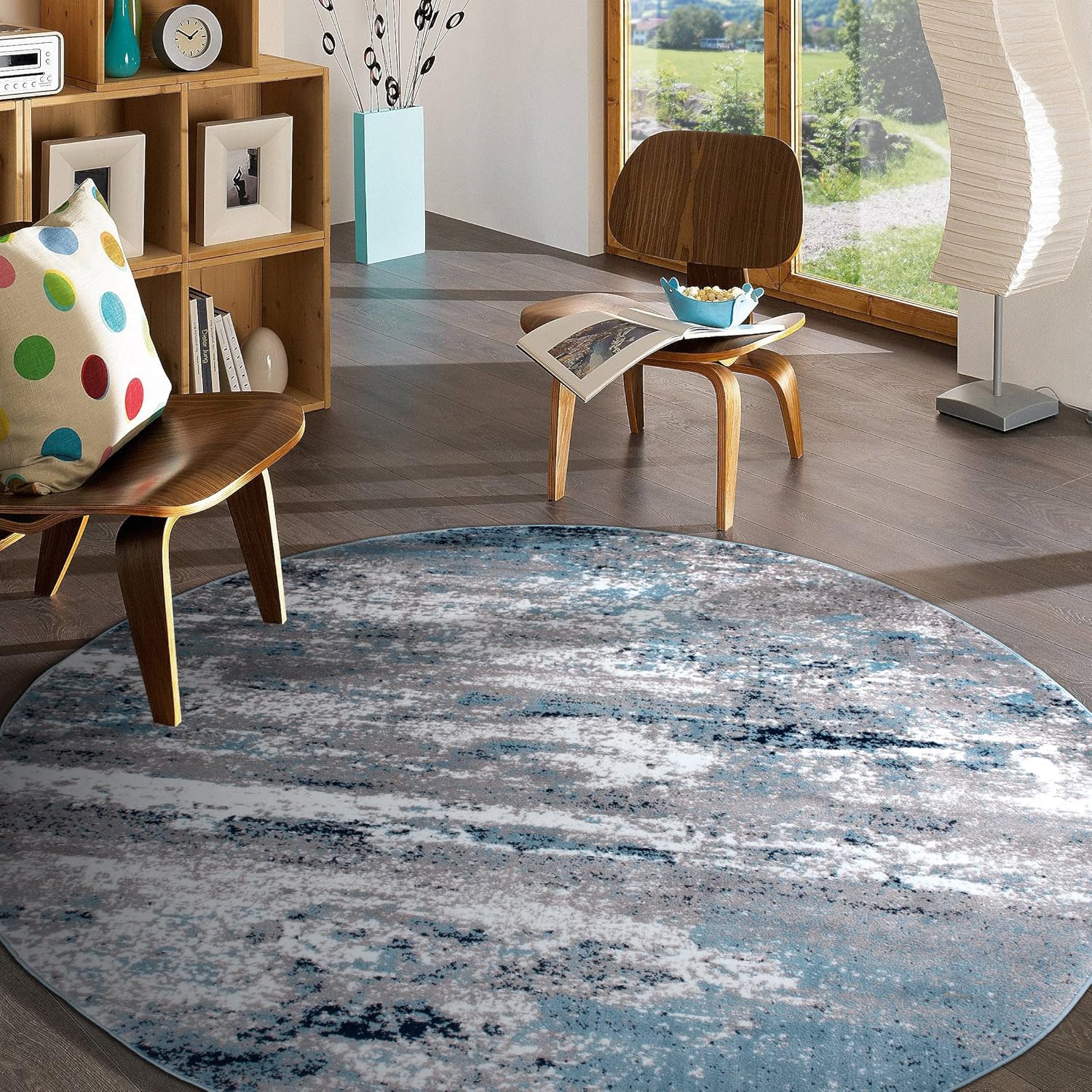 Rugshop Modern Distressed Blue Abstract Round Area Rug Bohemian Inspired Watercolor for Living Room, Dining Room and Foyer 8' Round
