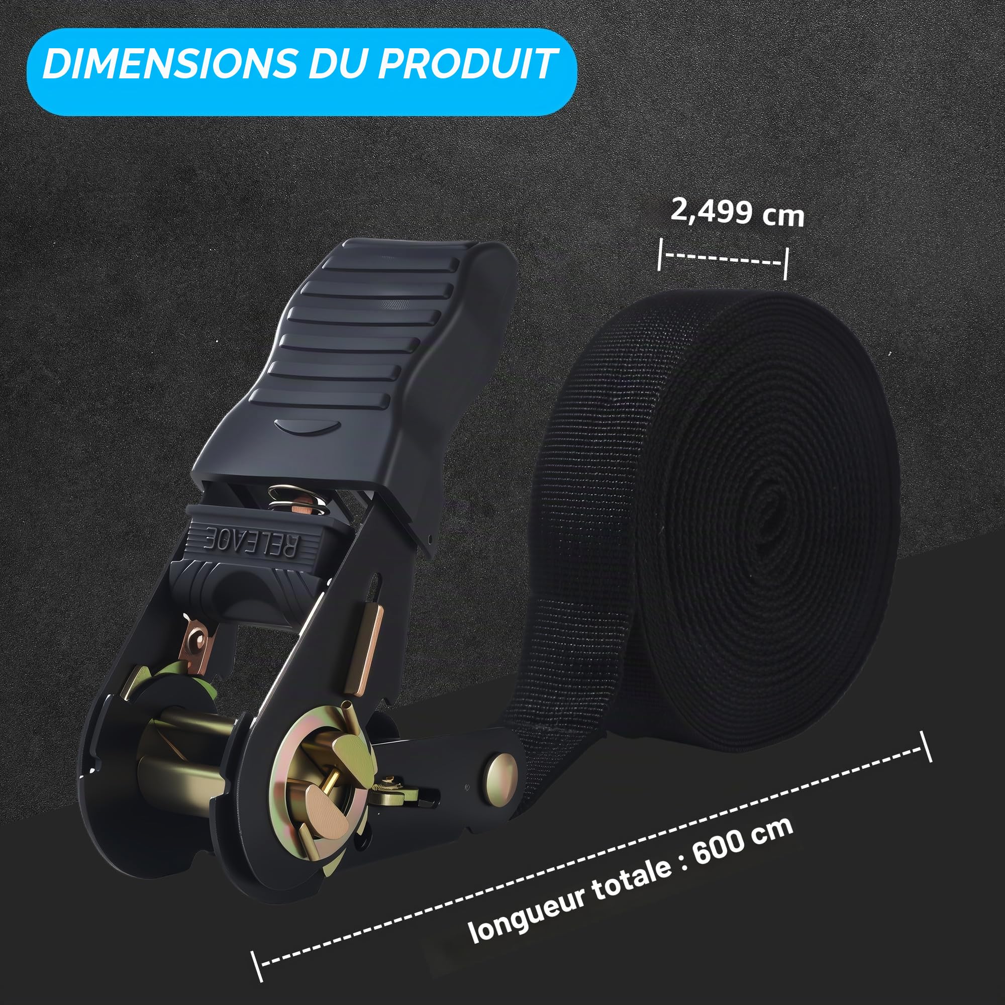 3 Pièces Noir Sangle a cliquet 6m x 25 mm, capacité de Charge de 1000 kg, Sangles à cliquer pour Camions, Voitures, Vélos, Sangle arrimage Din en 12195-2