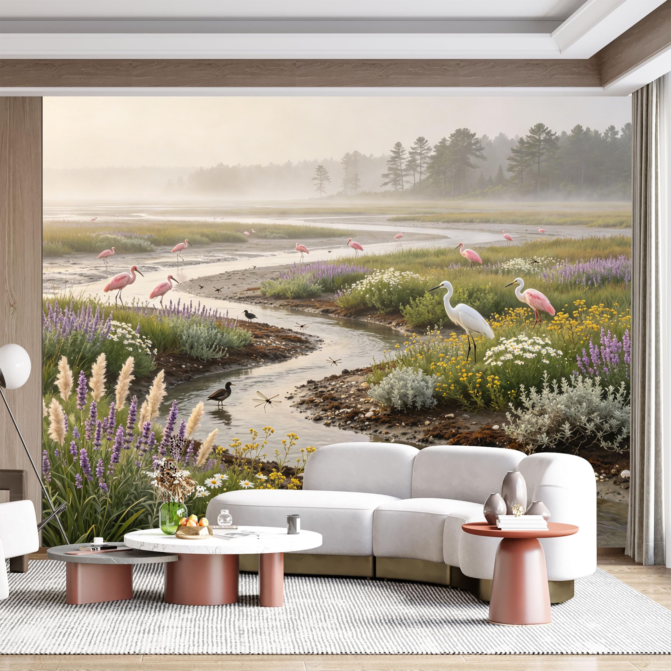 Custom Size Wall Mural Roseate Spoonbills Egrets Marsh Floral Landscape Watercolor SelfAdhesive Wall Fabric Removable for Home Office Decor