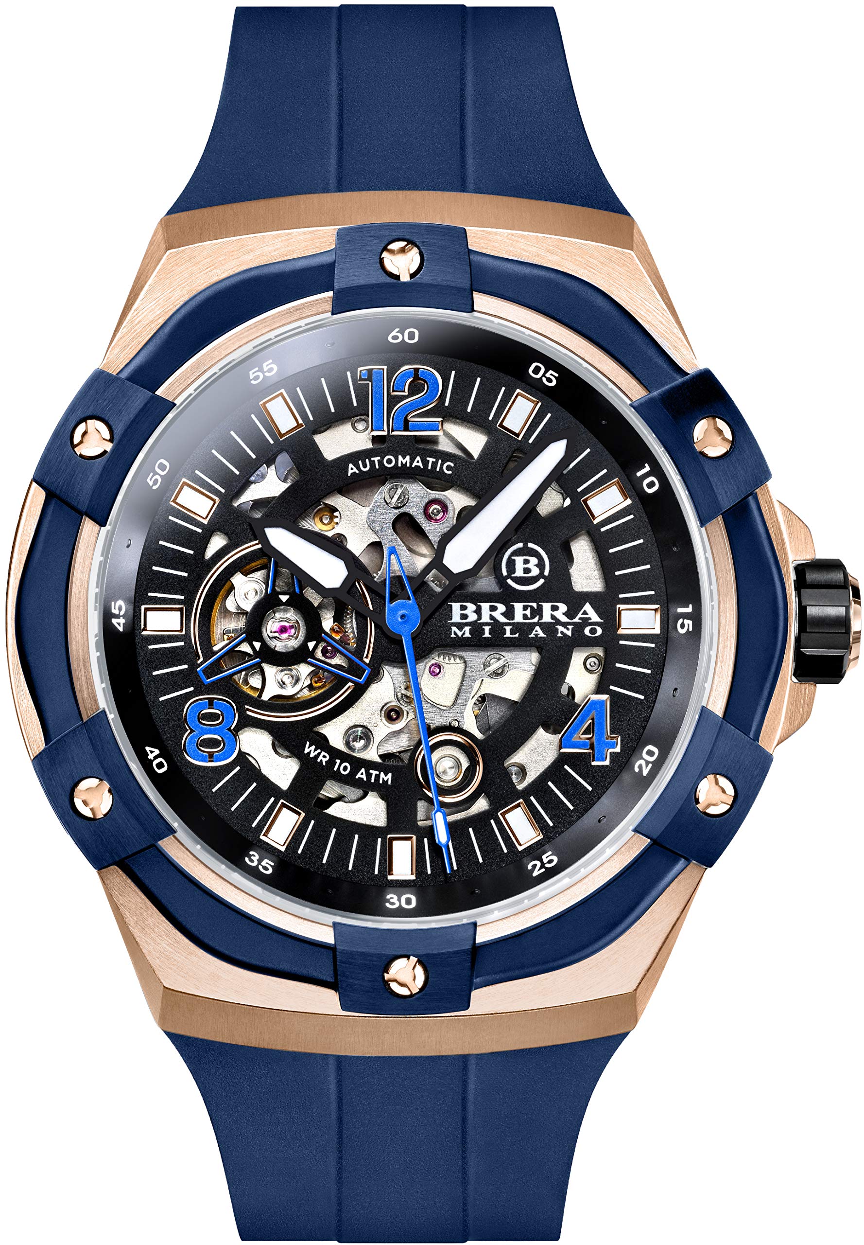 B BRERA MILANOBrera Milano Men's Watch Supersport Evo 45Mm Solotempo Automatic Rose Gold Steel Case, Black Dial - Blue Bezel, Blue Natural Rubber Strap, Rose Gold Deployant
