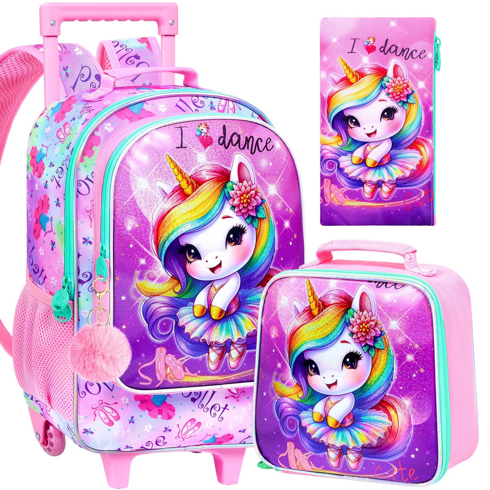 CCJPX 18" Unicorn Rolling Backpack for Girls, 3Pcs Kids Roller Wheels School Bookbag Set, Travel Wheeled School Bag for Toddler Elementary Children(