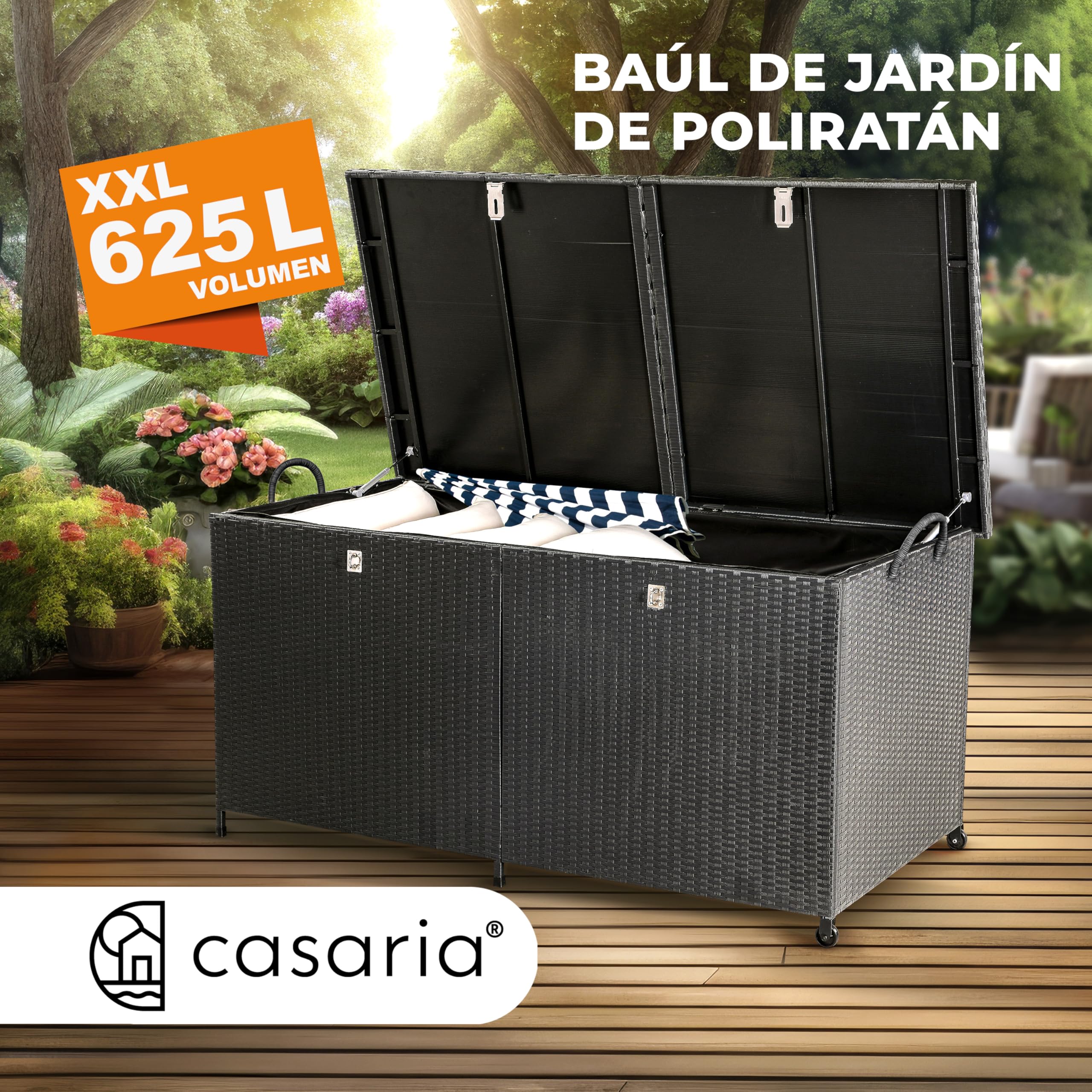 CASARIA® Baúl de Jardín de Poliratán XXL 625L Negro con Ruedas Arcón de Jardín Impermeable 150x77x73cm