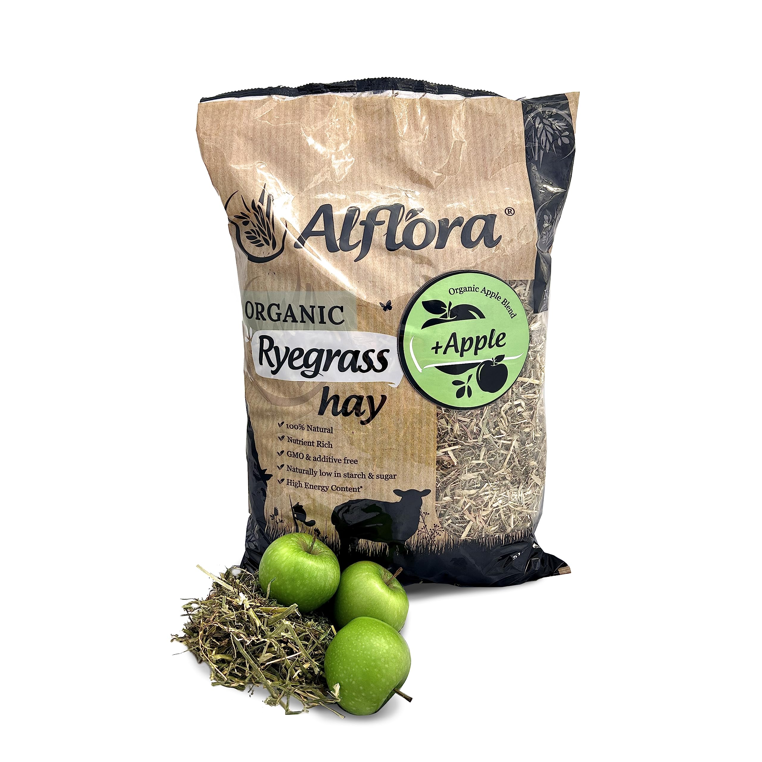 Alflora Organic 14 L Premium Ryegrass Meadow Hay With Apple - 100% Natural - 10% Protein, Fibre and Nutrient Rich – Everyday Use Hay or Chaff - For Rabbits, Gerbils, Hamsters, Guinea Pigs