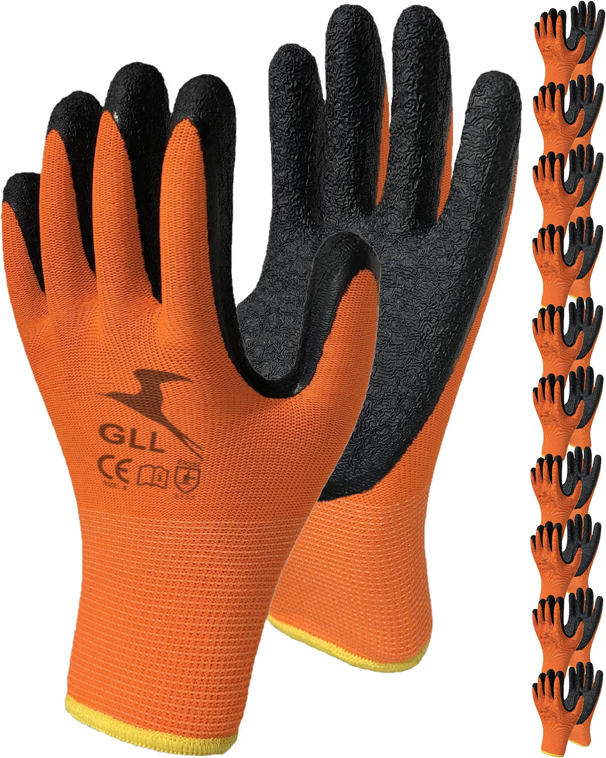 GLL Reusable Nitrile Latex Rubber Palm Coated Safety Work Gloves, Nylon Knit, Textured Grip (10 Pair Value Pack) (Large, Orange)