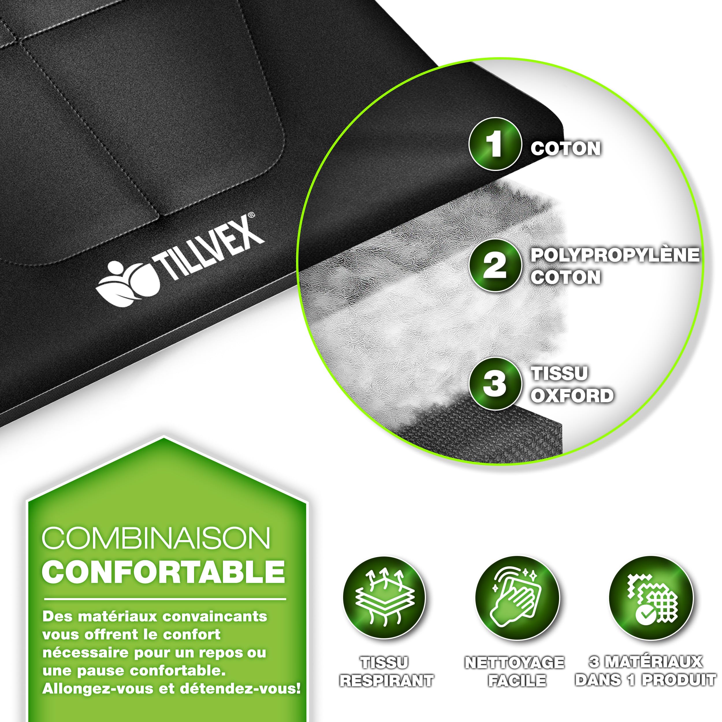 tillvex® Lit de camping pliable avec sac de transport jusqu'à 200 kg | Chaise de camping extra large | Lit de camp pour l'extérieur et l'intérieur | Lit d'invité pliable pour jardin, camping, pêche,