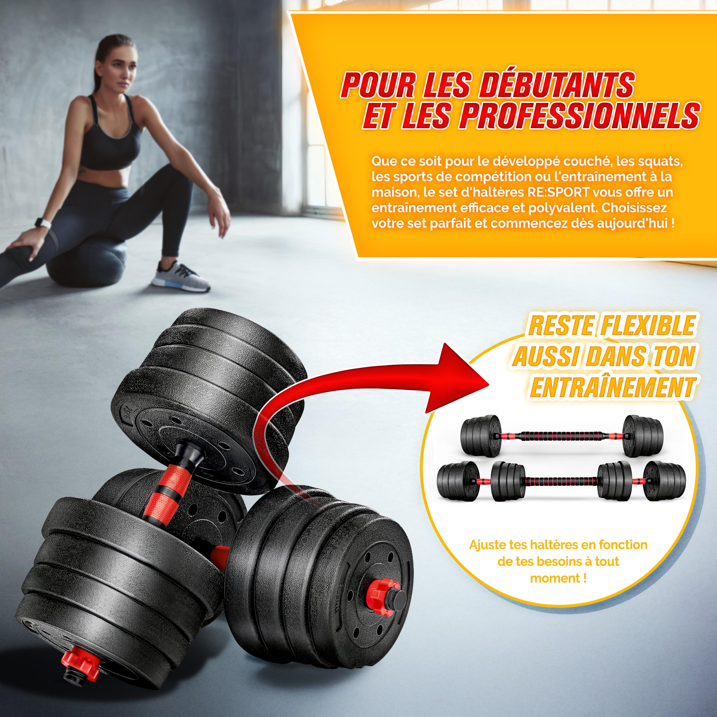 RE:SPORT Ensemble d’haltères 2 en 1 15-40 kg, réglables, haltères courts et longs, fermeture en étoile et tube de raccordement