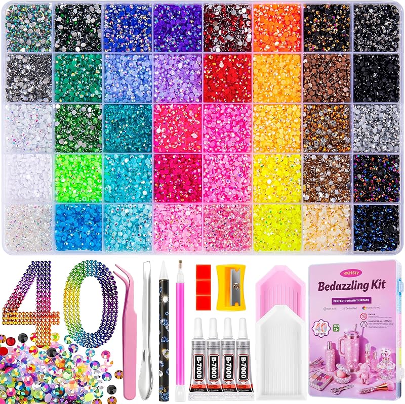 Bedazzling Kit 40000Pcs 40 Colors 3mm Resin Jelly Rhinestones - Diamond Art | Multicolor Flatback Gems Nail Crafting Makeup, with 4Pcs 10ml B7000 Jewelry Glue & Tools - Christmas Birthday Gifts for Women