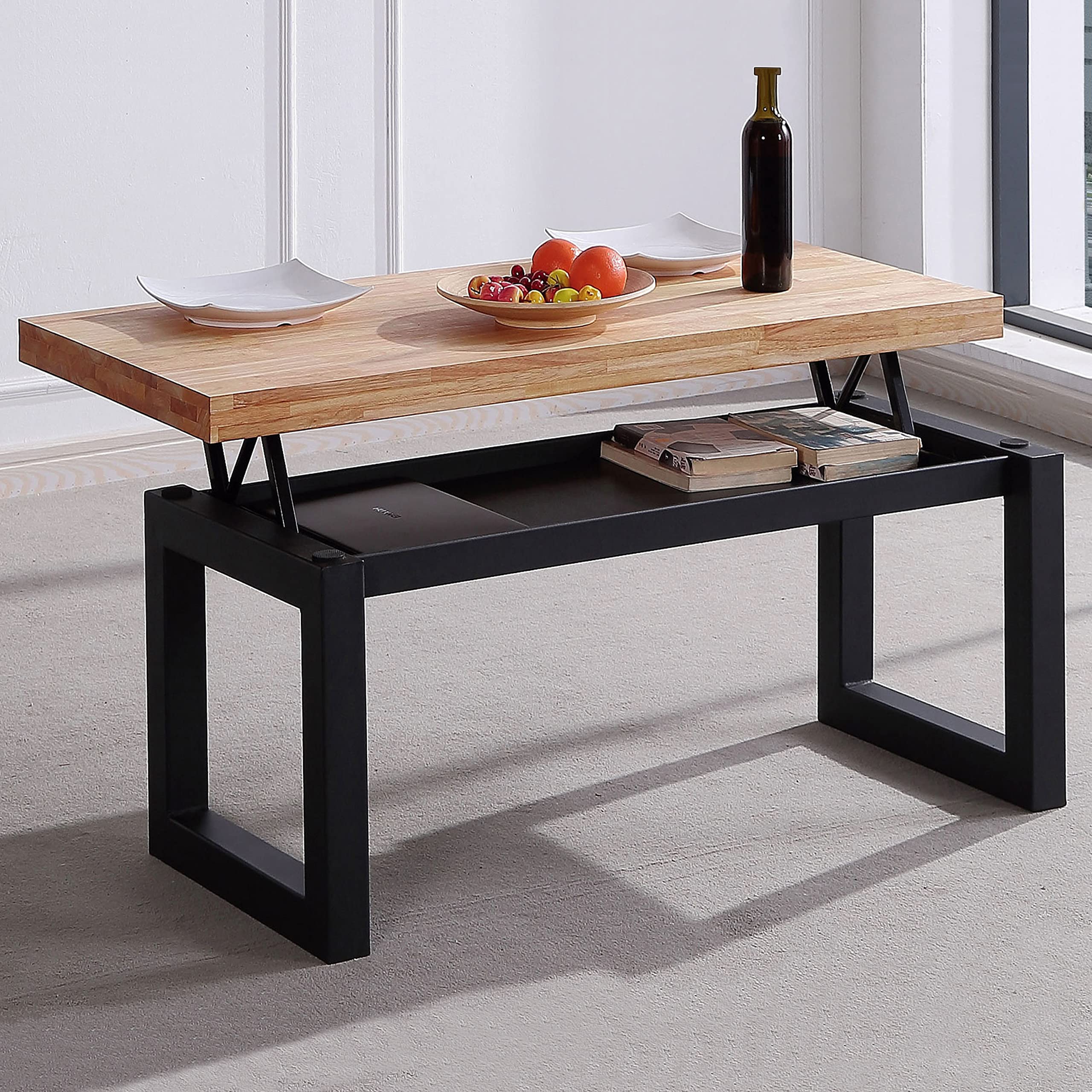 Adec Group duehome | Loft, Mesa de Centro Elevable, Mesita Comedor, Acabado en Roble y Negro, Medidas: 120 cm (Largo) x 60 cm (Ancho) x 47,5/62 cm (Alto)