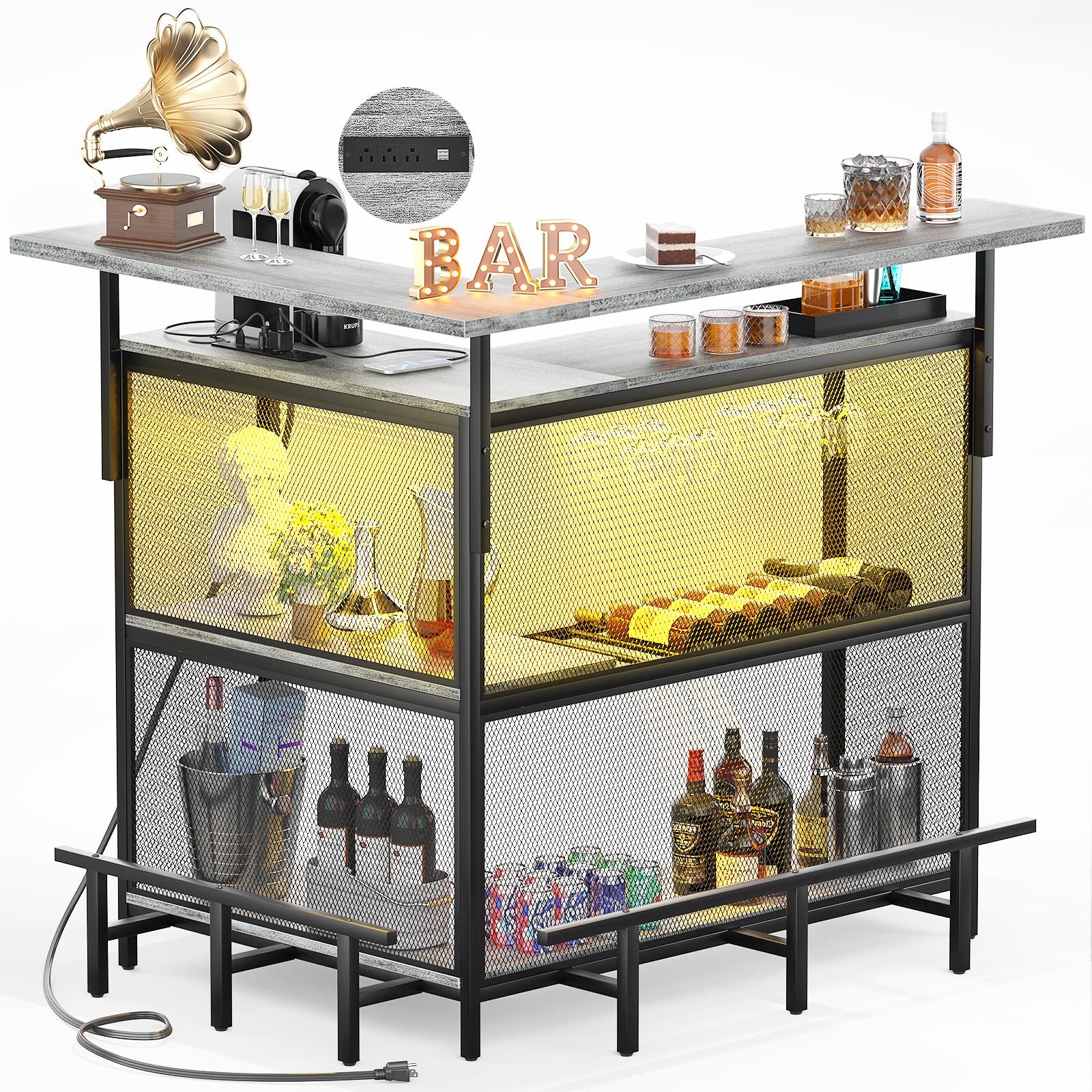 Photo 1 of L Shaped Home Bar with Power Outlet & LED Light, Corner Bar Cabinet with Footrest, Liquor Cabinet with Wine Glass Rack, Coffee Bar Table with Storage for Home Kitchen, Dining Room, Light Oak White Oak
