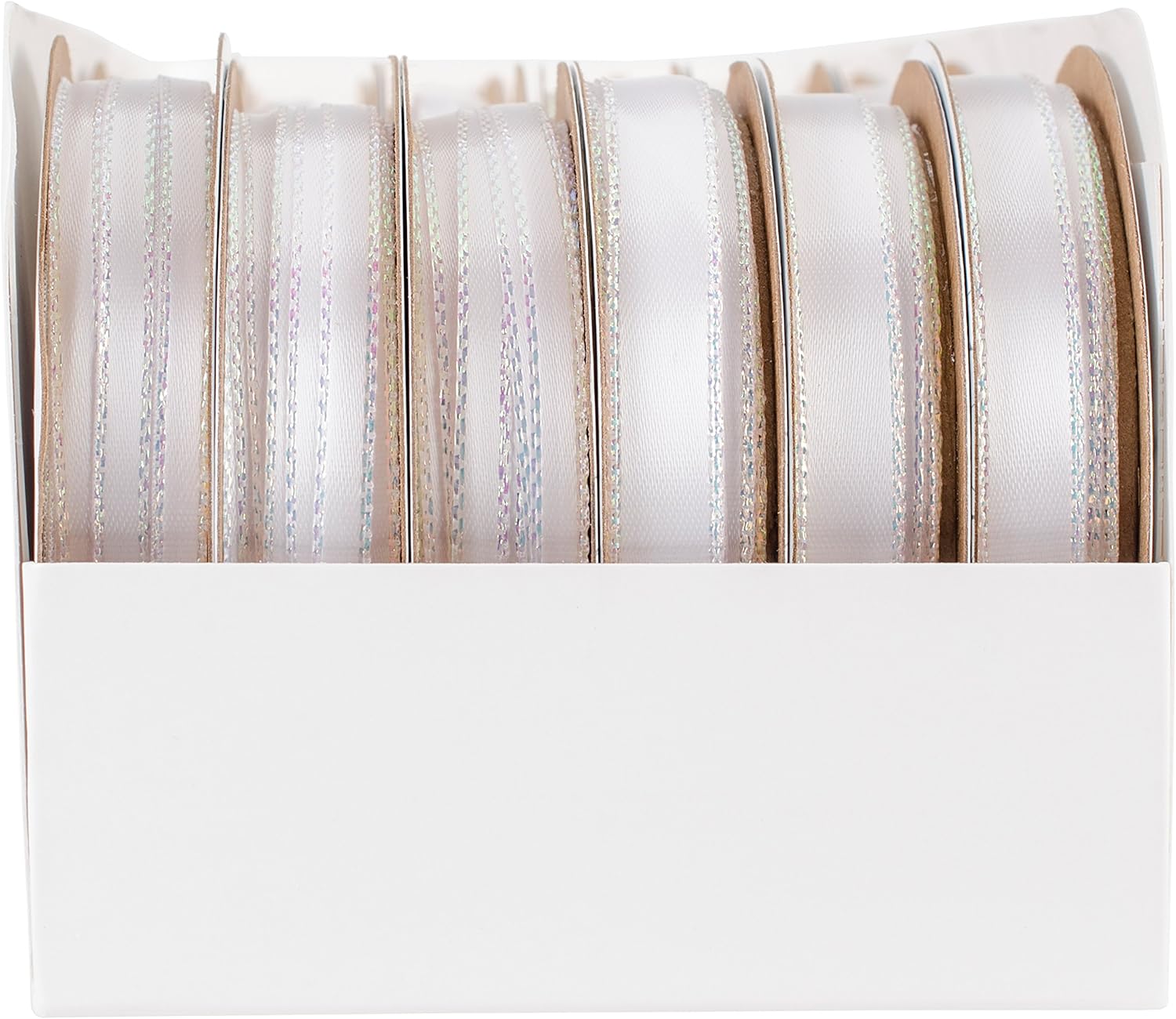 Offray Berwick 79005024V Opalescent Satin Ribbon Pack, 24 Spools with Assorted Widths for 96 Total Yards, White