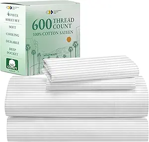 CALIFORNIA DESIGN DEN 5-Star Hotel 600 Thread Count 100% Cotton, Soft & Smooth Queen Sheet Set with Deep Pockets, Quality Beats Egyptian Cotton Claims (Ticking Stripe Grey)