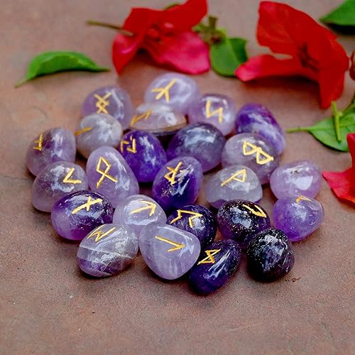 Miniatura 3 de ZAICUS Juego de piedras rúnicas de amatista con letras paganas grabadas de élder Futhark rúnicas con letras vikingas para adivinación, brujería