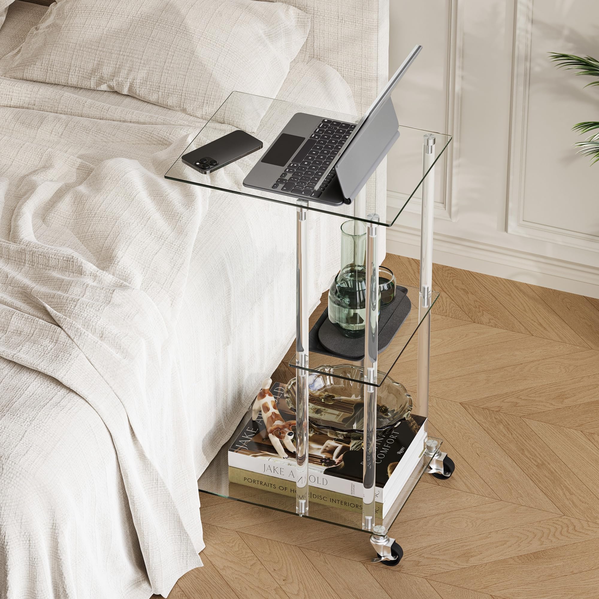Tavolino da Letto in Vetro Trasparente con Ruote C Shape LET525TR | Tavolino da Letto|Vetro Trasparente|Con Ruote Mobili|C Shape|Per Soggiorno Camera