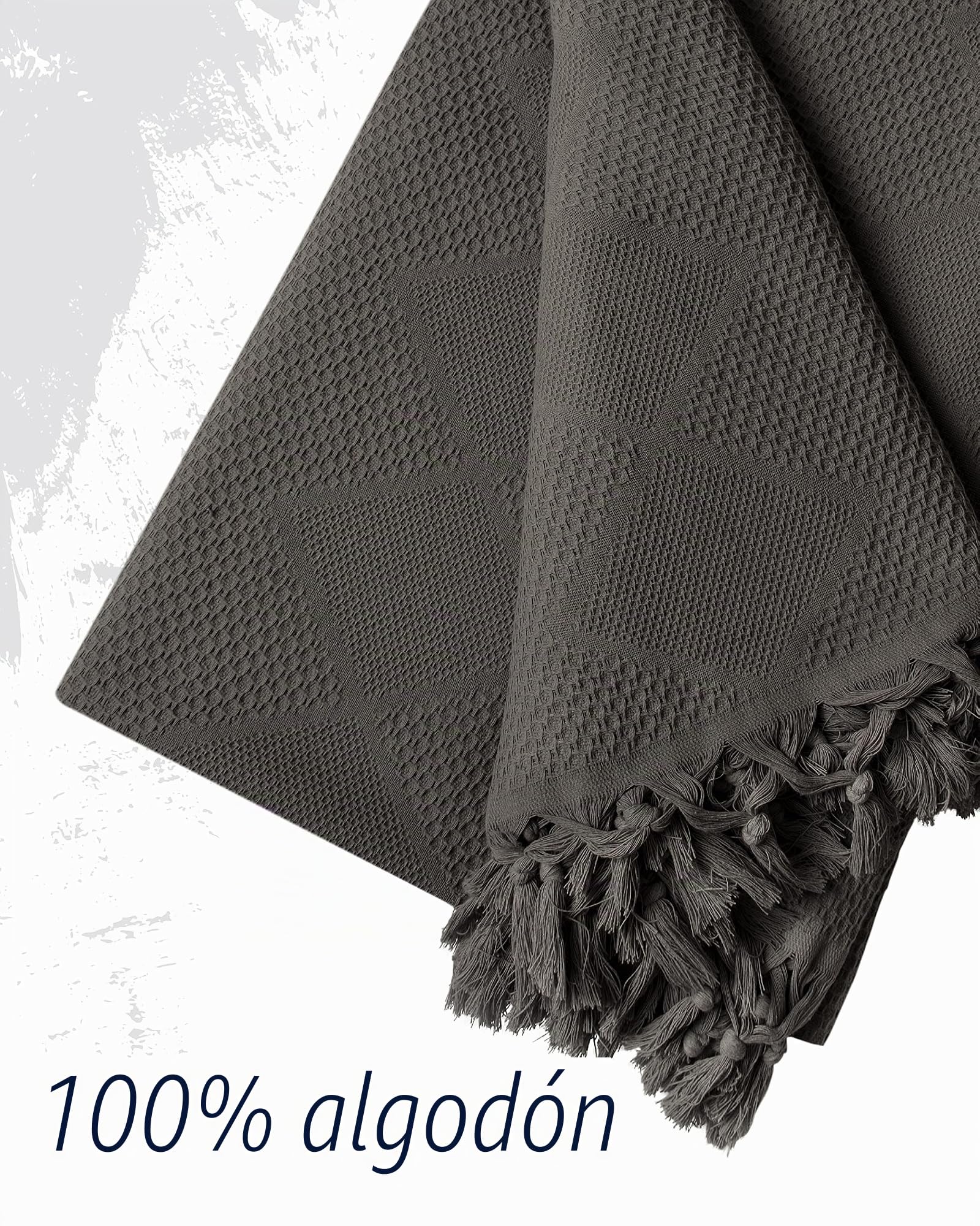 LAYNENBURG Premium Manta sofá con Flecos anudados a Mano - 100% algodón - 200 x 220 cm XXL - Colcha de Verano Waffle Pique - Manta de algodón como Manta de Cama, Colcha para Sofa (Antracita)