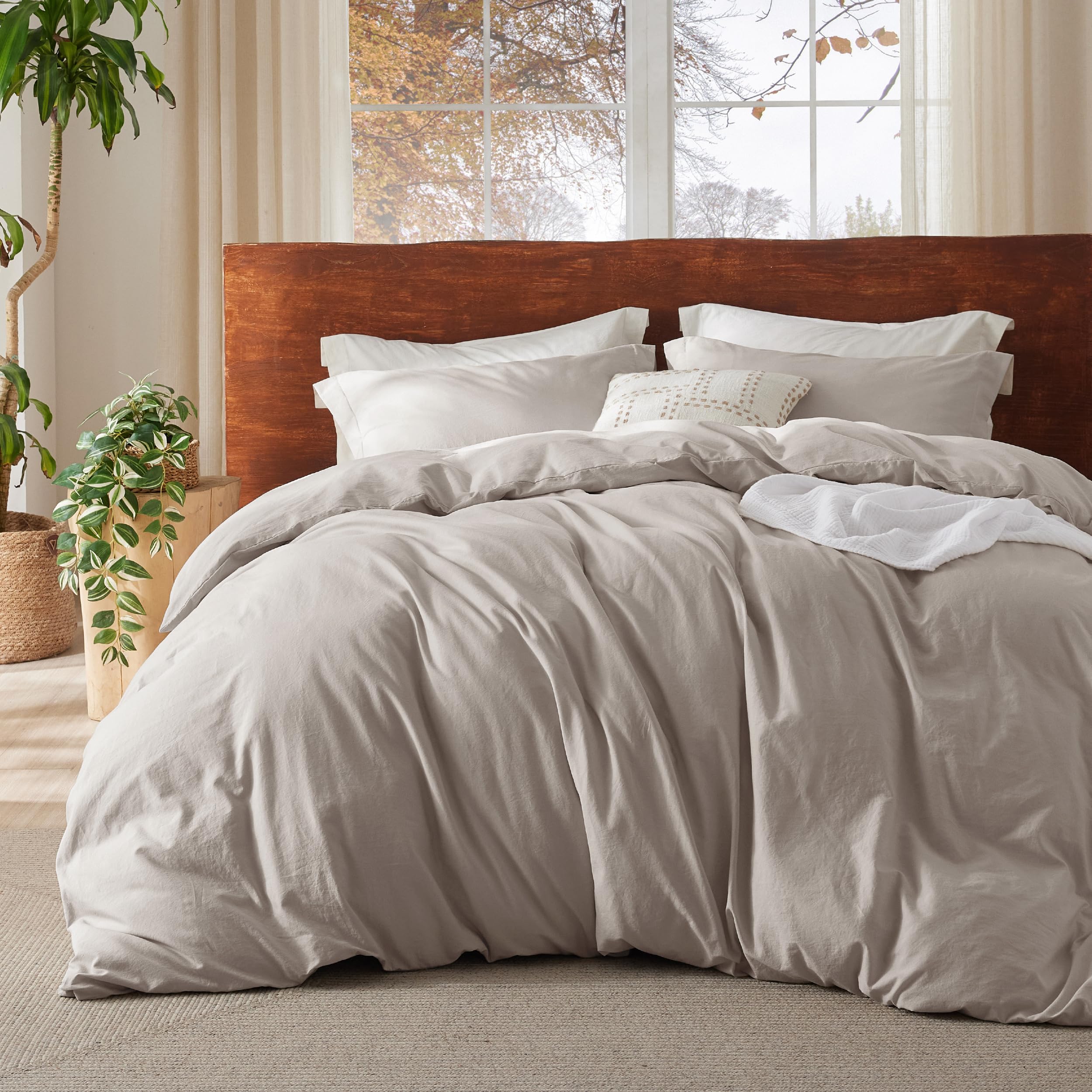 Bedsure 100% Washed Cotton Duvet Cover Oversized King - Linen Grey Minimalist Duvet Cover Linen Like - GentleSoft™ Plain Simple Bedding Set with 2 Pillow Shams (Linen Grey, Oversized King, 120"x98")
