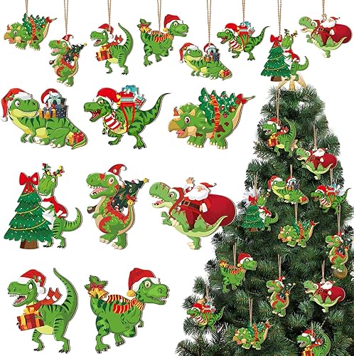 BBTO 40 piezas de adornos de dinosaurio de Navidad para árbol de Navidad, adornos decorativos de madera de dinosaurio colgante para árbol, fiesta de