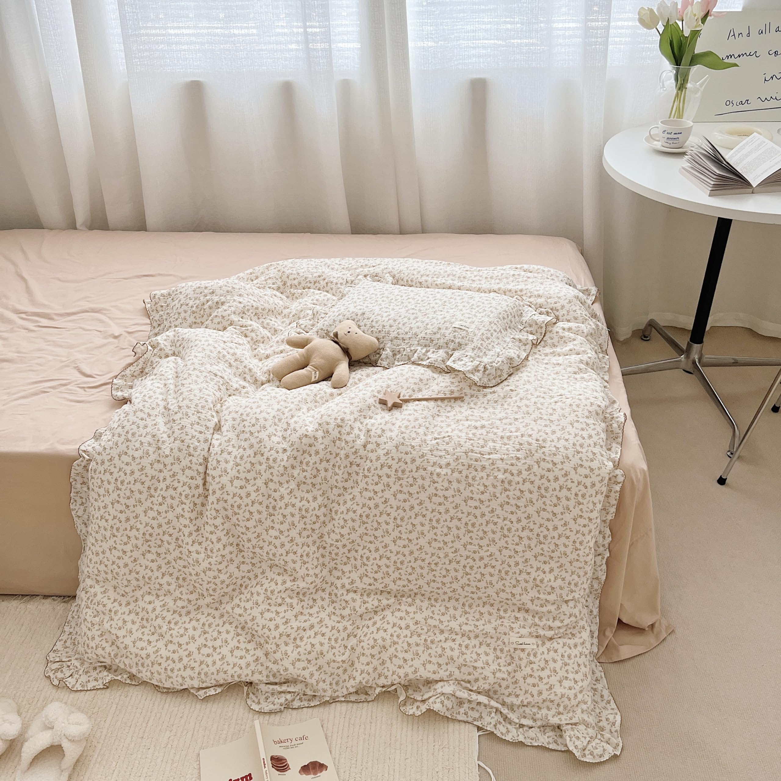 AOJIM Muslin Kids Duvet Cover with Ruffled Design, 1 Piece Pure Cotton Toddler Comforter Cover 2-Layer Gauze 47X59'', Camellia Pattern Kids Bedding for Girls Boys, No Quilt or Pillowcases