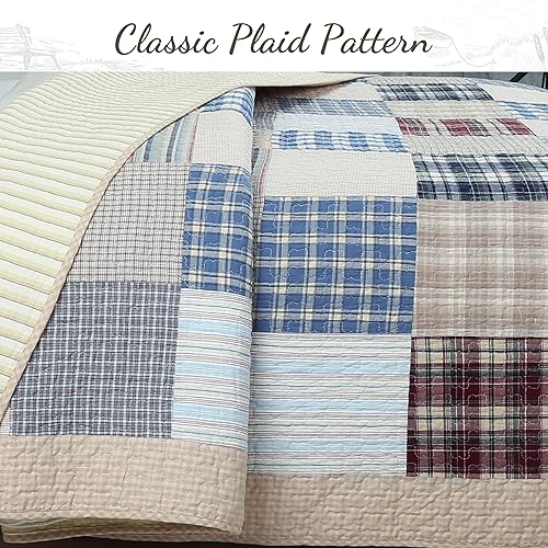 Vista 25 de Cozy Line Home Fashions Daniel Denim - Juego de ropa de cama reversible de algodón a cuadros azules Retazos verdes,Patchwork azul,Patchwork