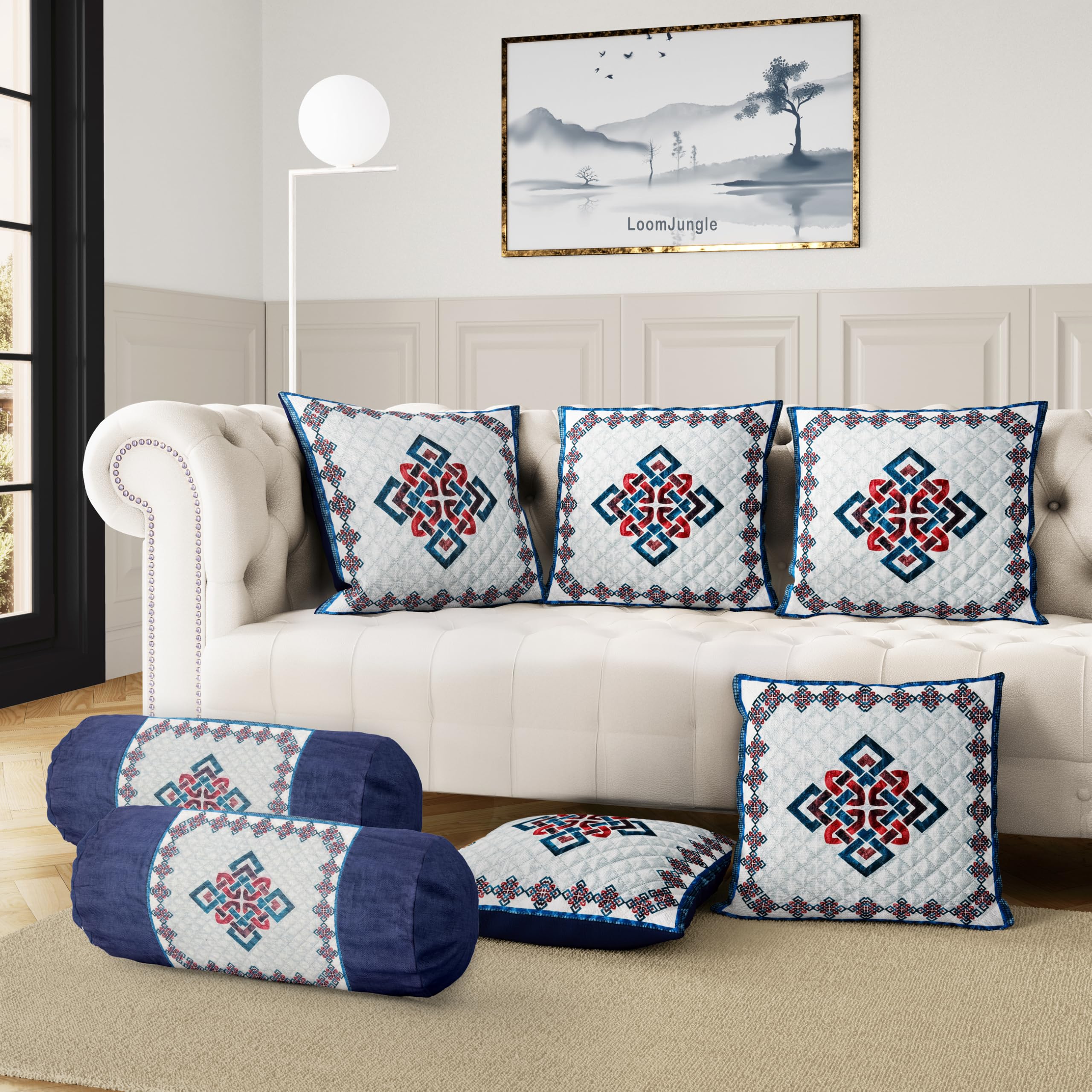 Blue Combo 5 Cushion Covers (16x16) and 2 Bolster Covers (32x16) | Boho Style Decor Quilted for Traditional Baithak Seating - Masnad Cover Set, Takiya Cover-picture-10