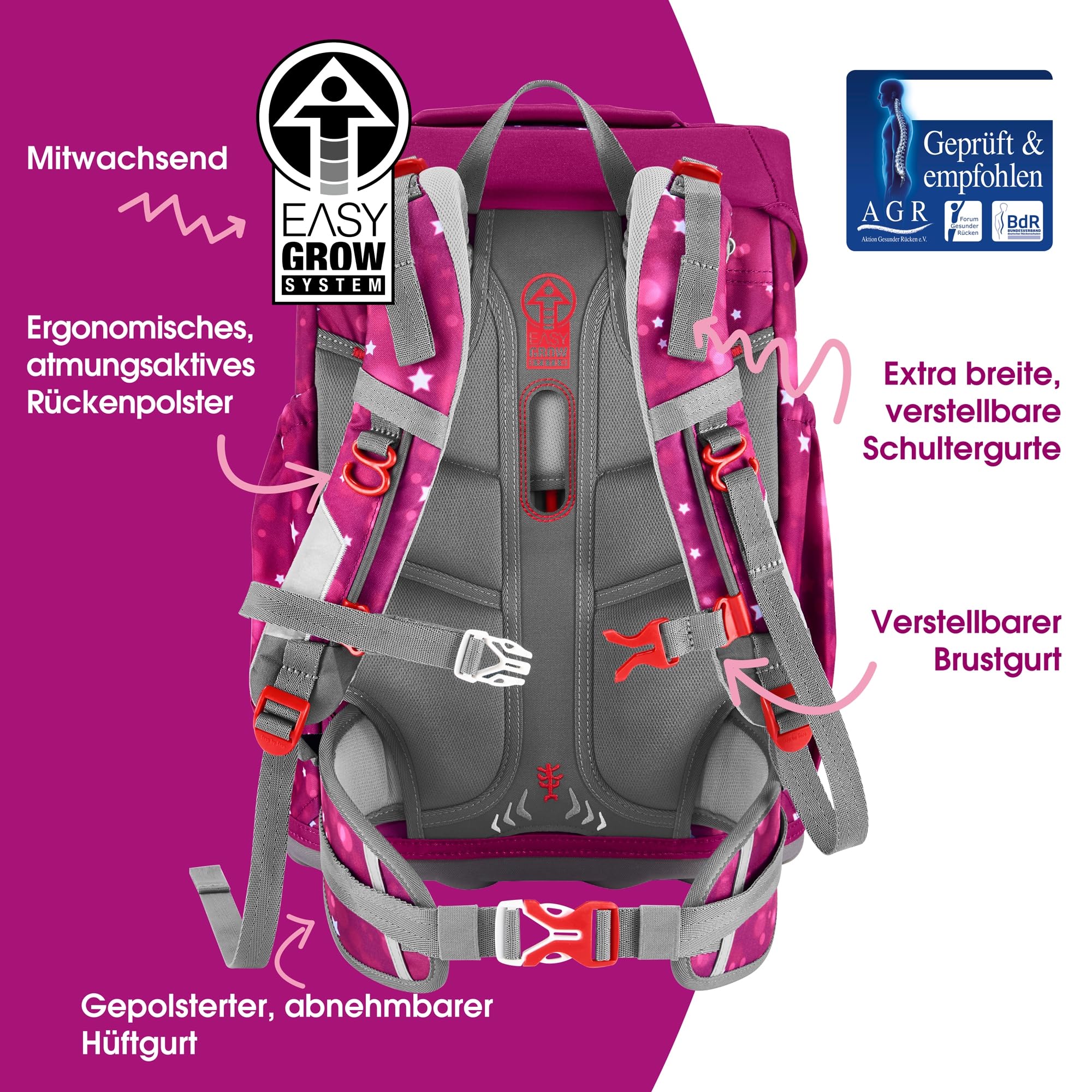 Step by Step Giant Schulranzen-Set „Sweet Unicorn Nuala“, 5-teilig, rosa, ergonomischer Tornister mit Reflektoren, höhenverstellbar mit Hüft- und Brustgurt, für Mädchen ab der 1. Klasse, 23 Liter