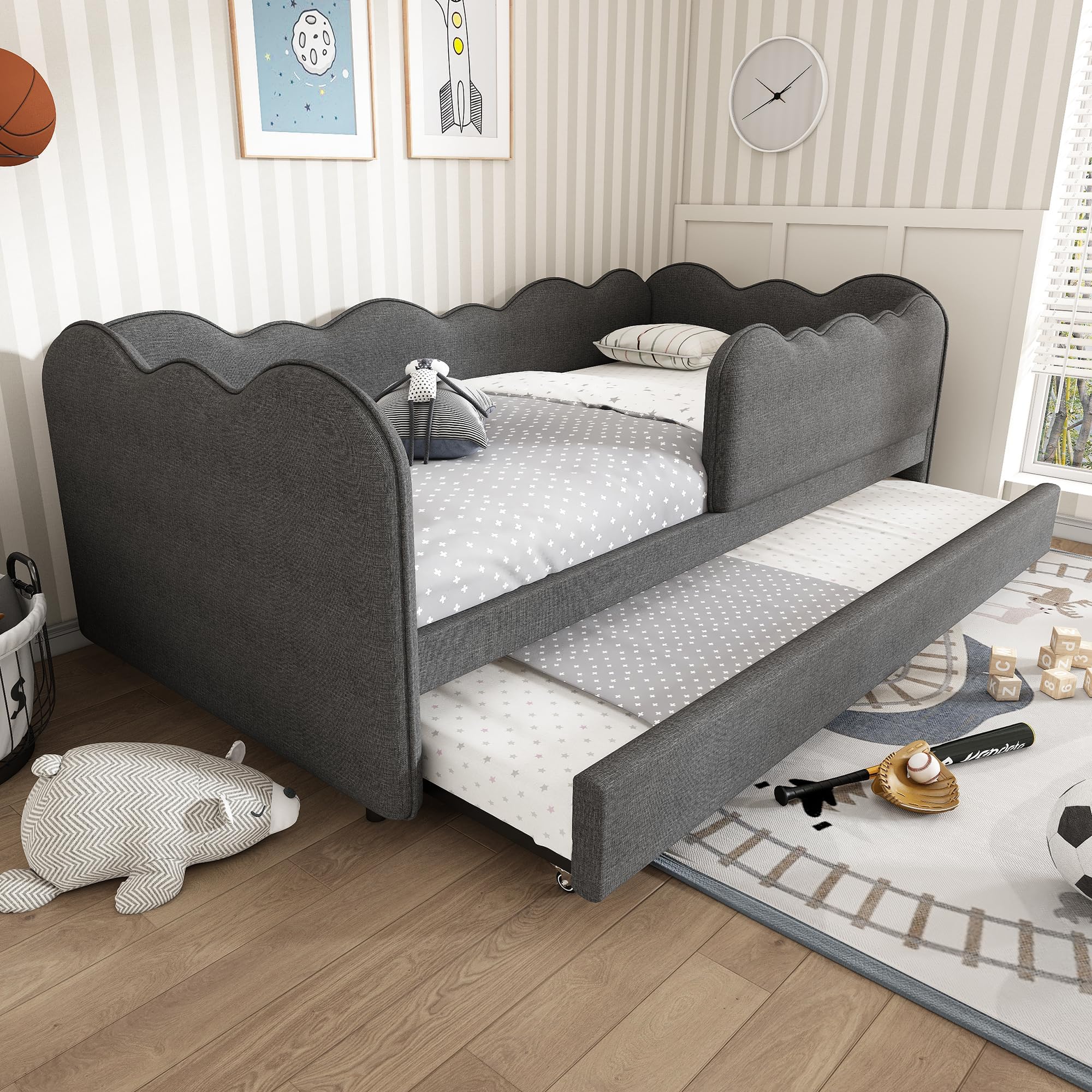 MYBOO 3ft Single Daybed with Pull out Trundle Bed, Functional Upholstered Bed Frame with Safety Guardrail and Wooden Slats, Linen Sofa Beds Guest Beds for Children Teens and Adults, No Mattress, Grey